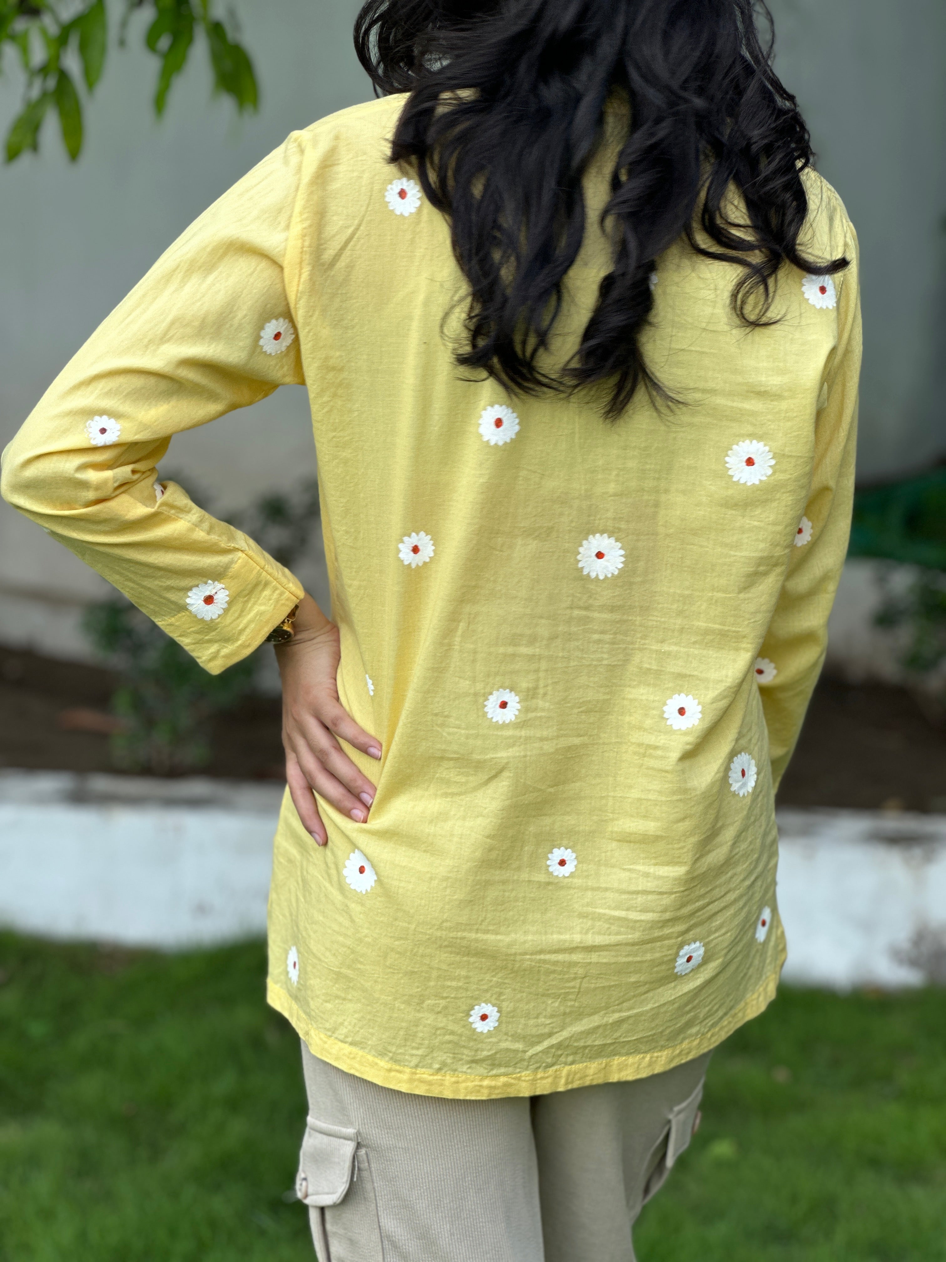 Yellow Pure Cotton Hand-Painted Shirt - White Blossom (Flowers, Fragrances and More)