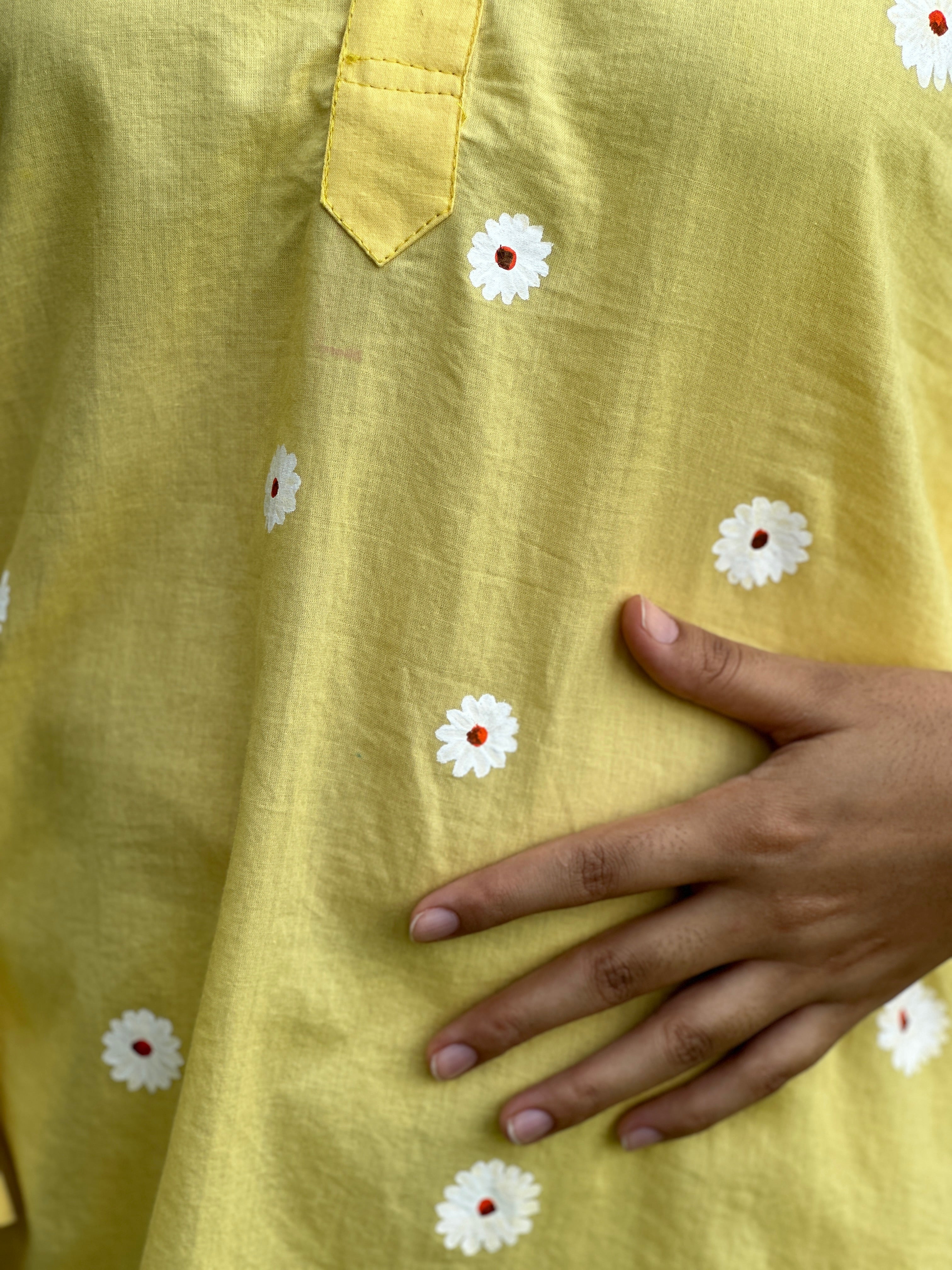 Yellow Pure Cotton Hand-Painted Shirt - White Blossom (Flowers, Fragrances and More)