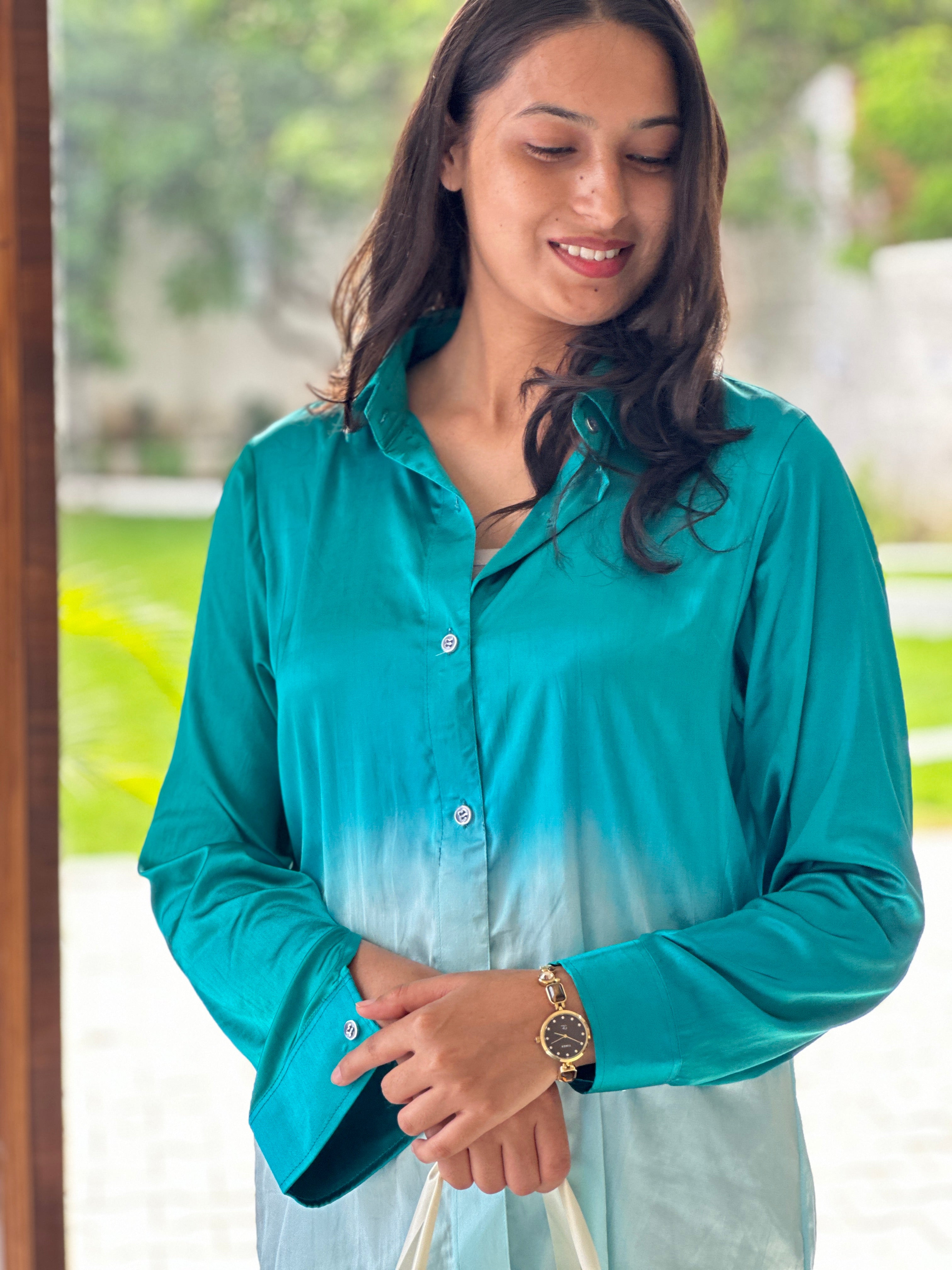 Green and White Satin Shirt - Bottom Up Ombré (Flowers, Fragrances and More )