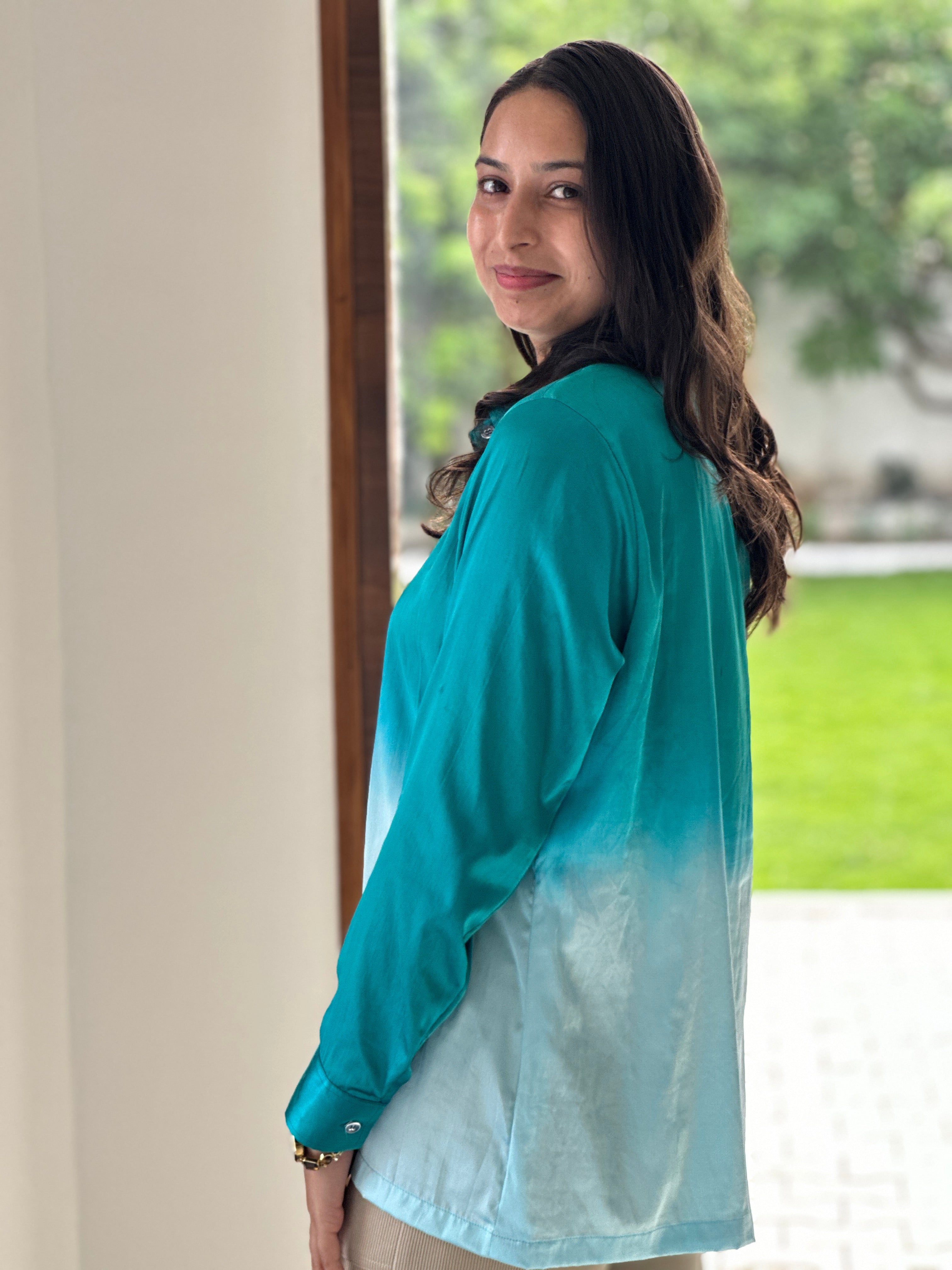 Green and White Satin Shirt - Bottom Up Ombré (Flowers, Fragrances and More )