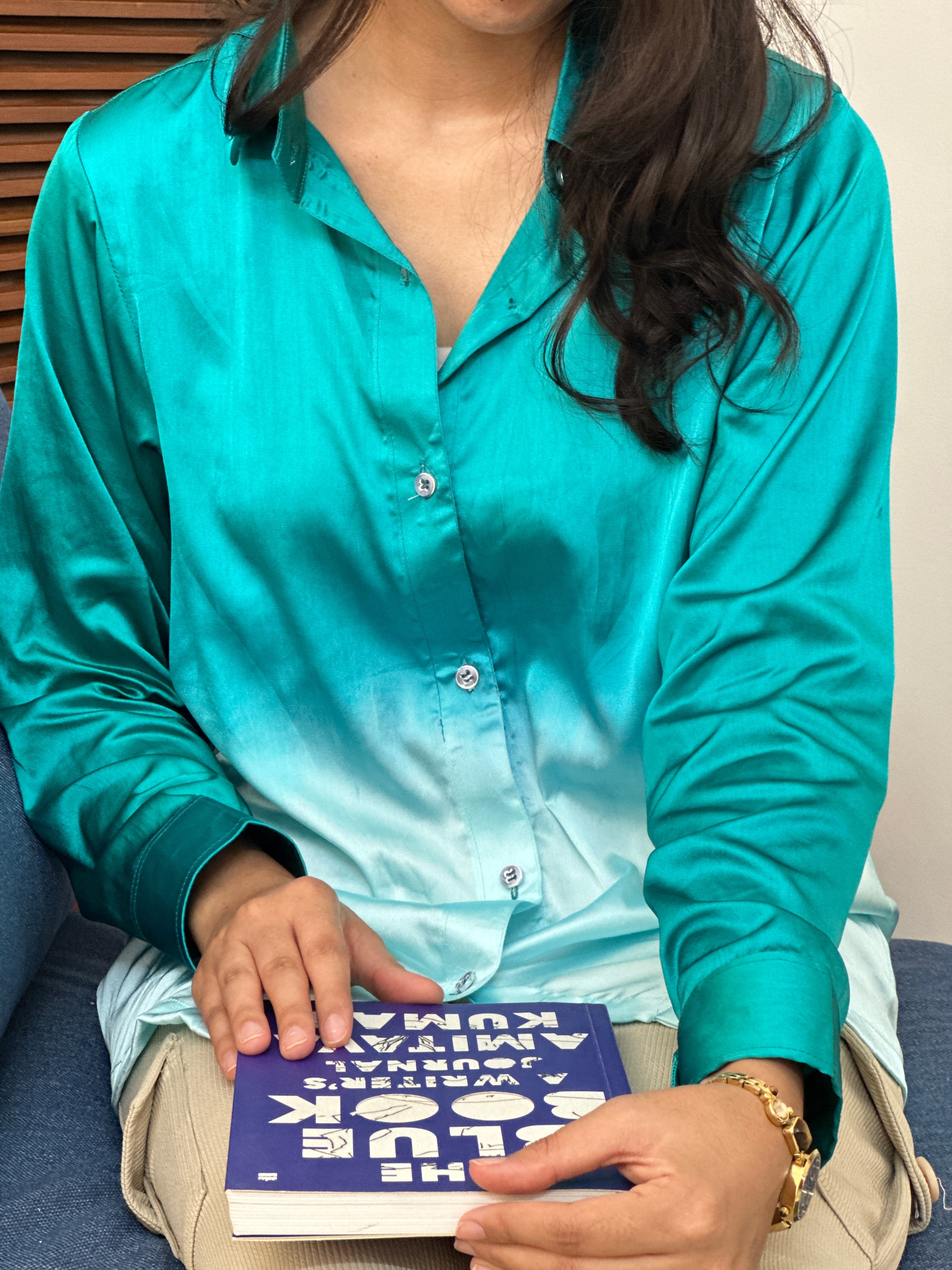 Green and White Satin Shirt - Bottom Up Ombré (Flowers, Fragrances and More )