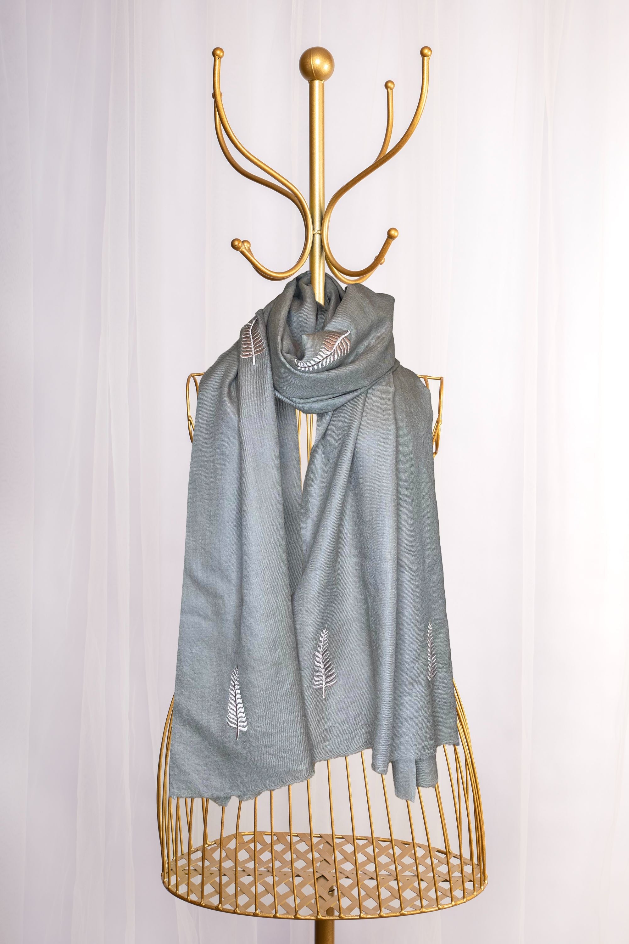 Blue Fine Wool Embroidered Scarf - Leaf Motifs (We Got You Flowers)