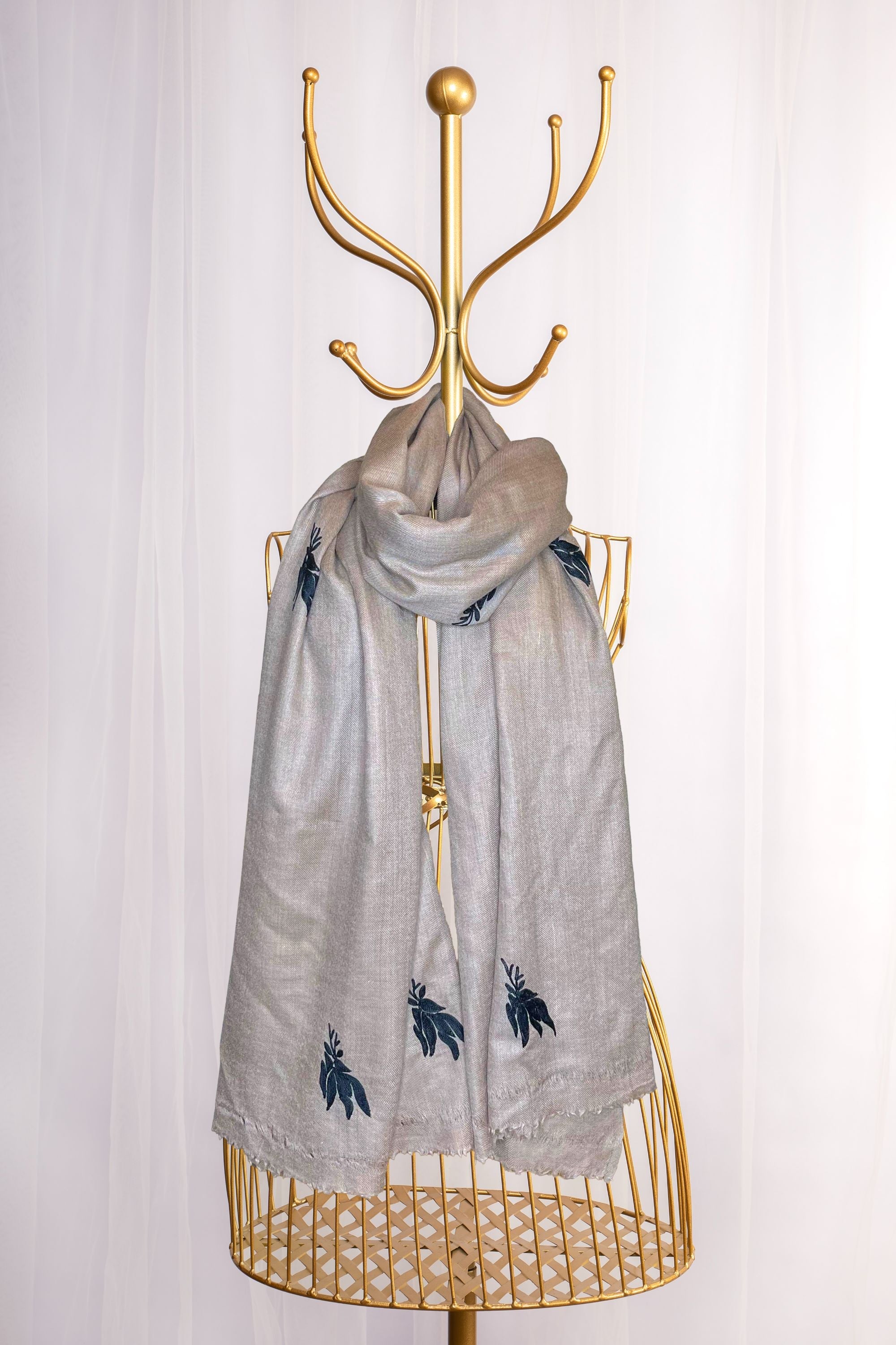 Beige Pure Pashmina Embroidered Scarf with Scalping - Oh Deer (Into their Den)