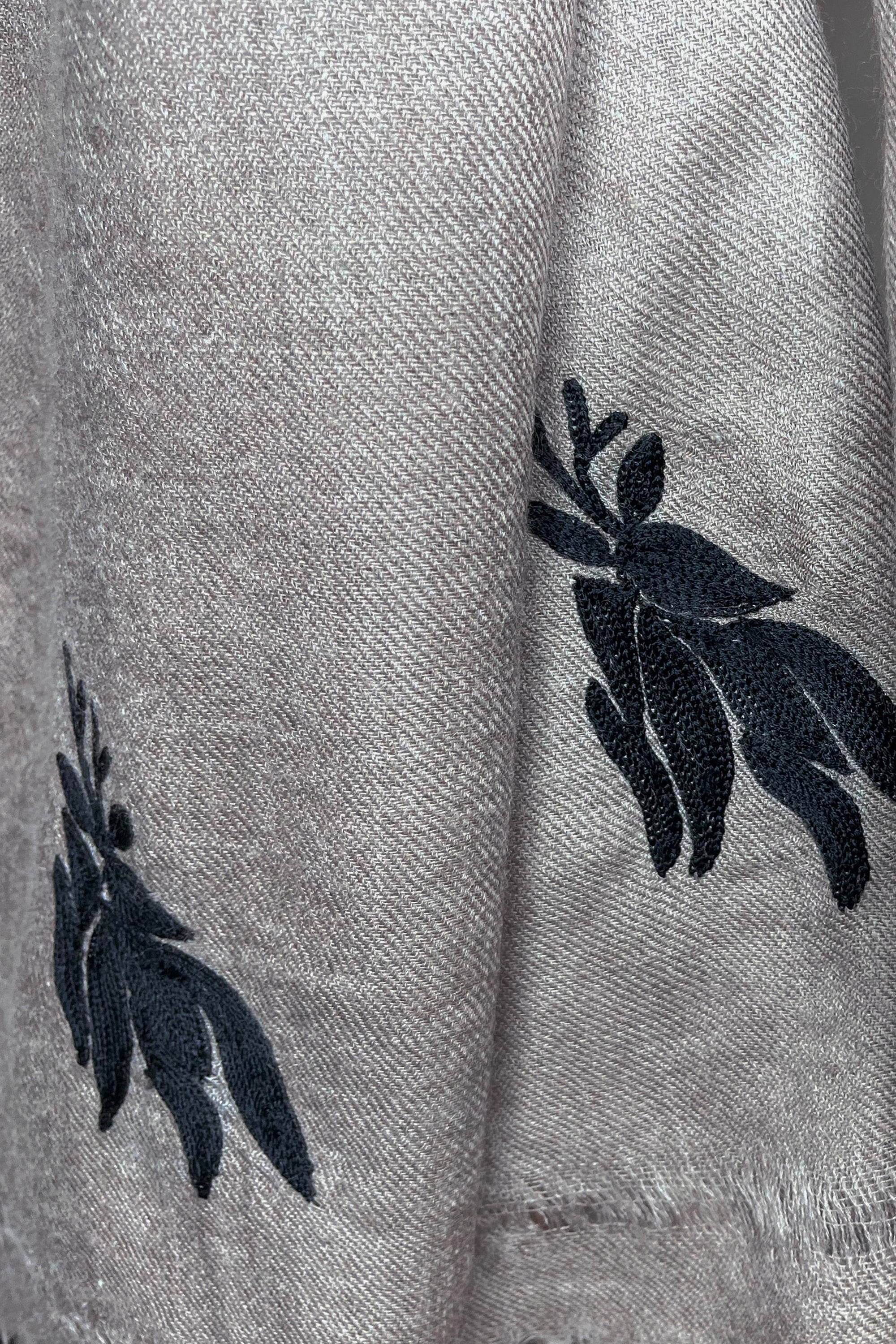 Beige Pure Pashmina Embroidered Scarf with Scalping - Oh Deer (Into their Den)