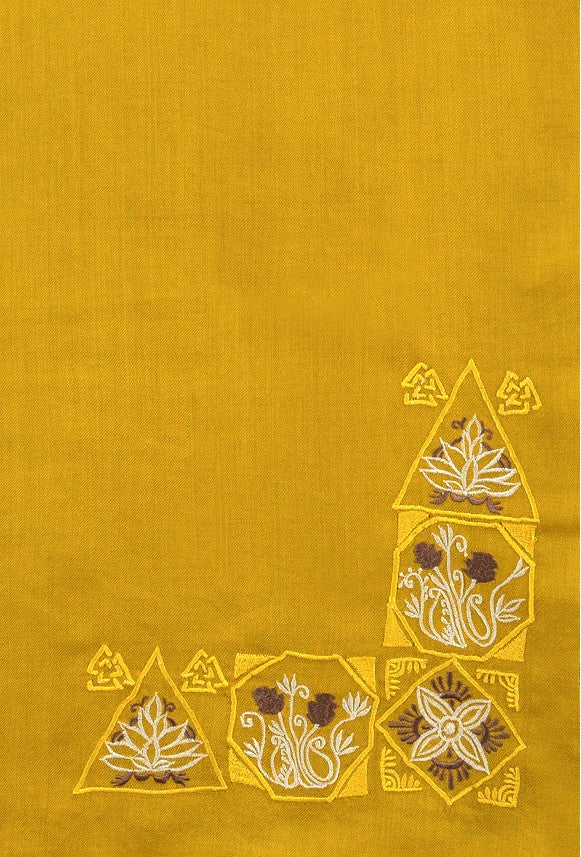 Yellow Fine Wool Embroidered Scarf - L Border (Lines, Swirls & More)