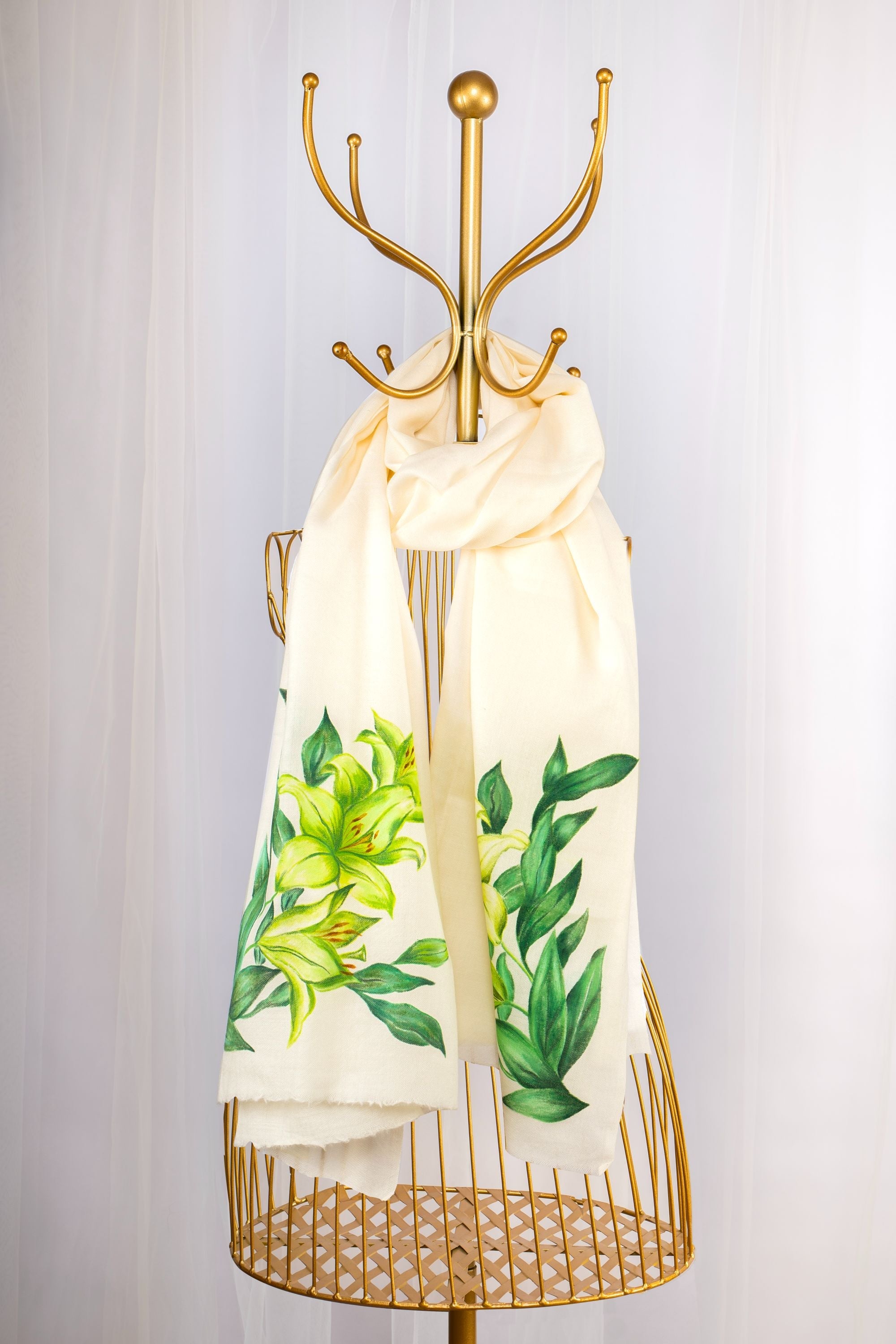 White Fine Wool Hand-Painted Scarf - Lilies and more (We Got You Flowers)