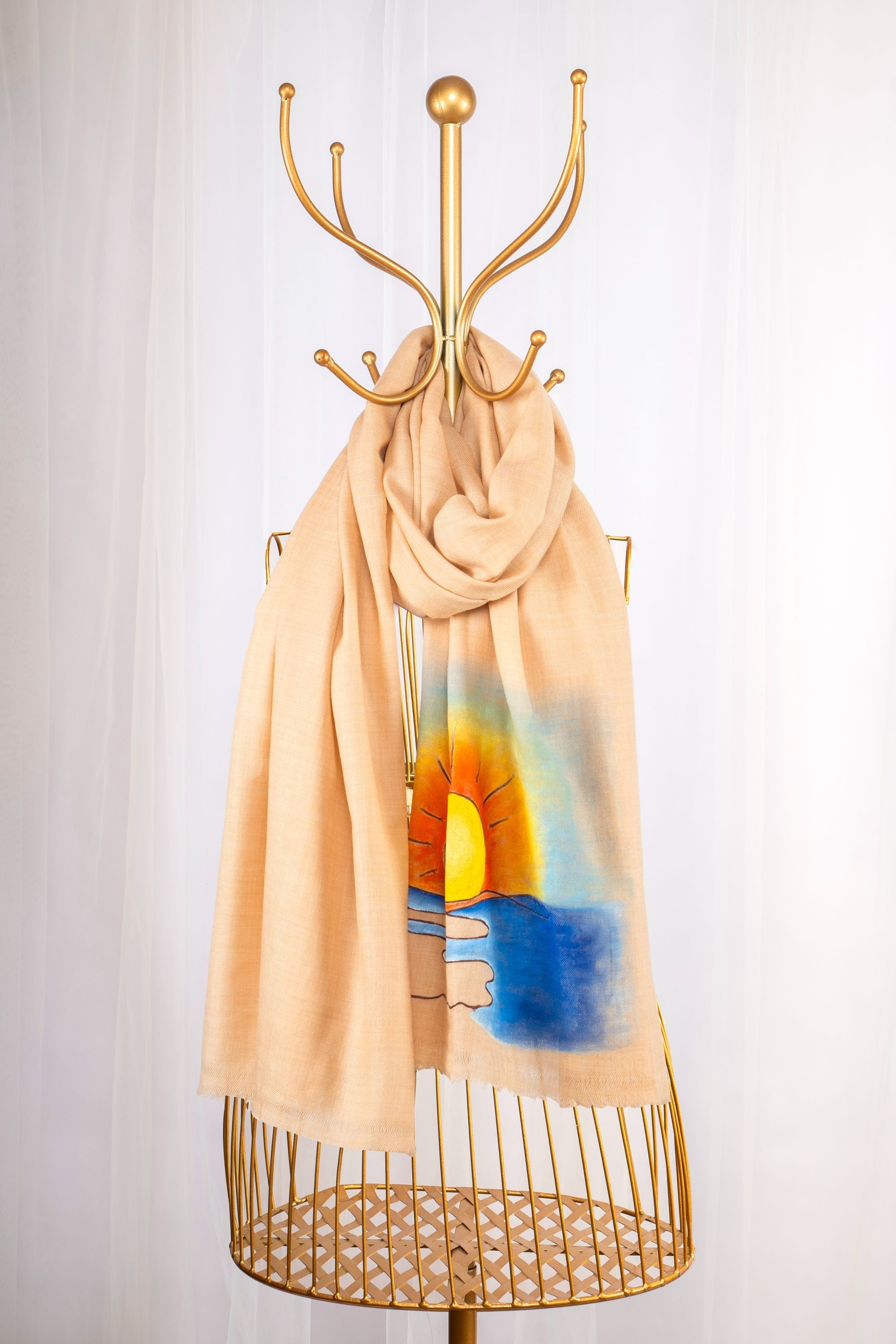 Beige Pure Pashmina Hand-Painted & Embroidered Scarf - Sunset Somewhere (Lines, Swirls & More)