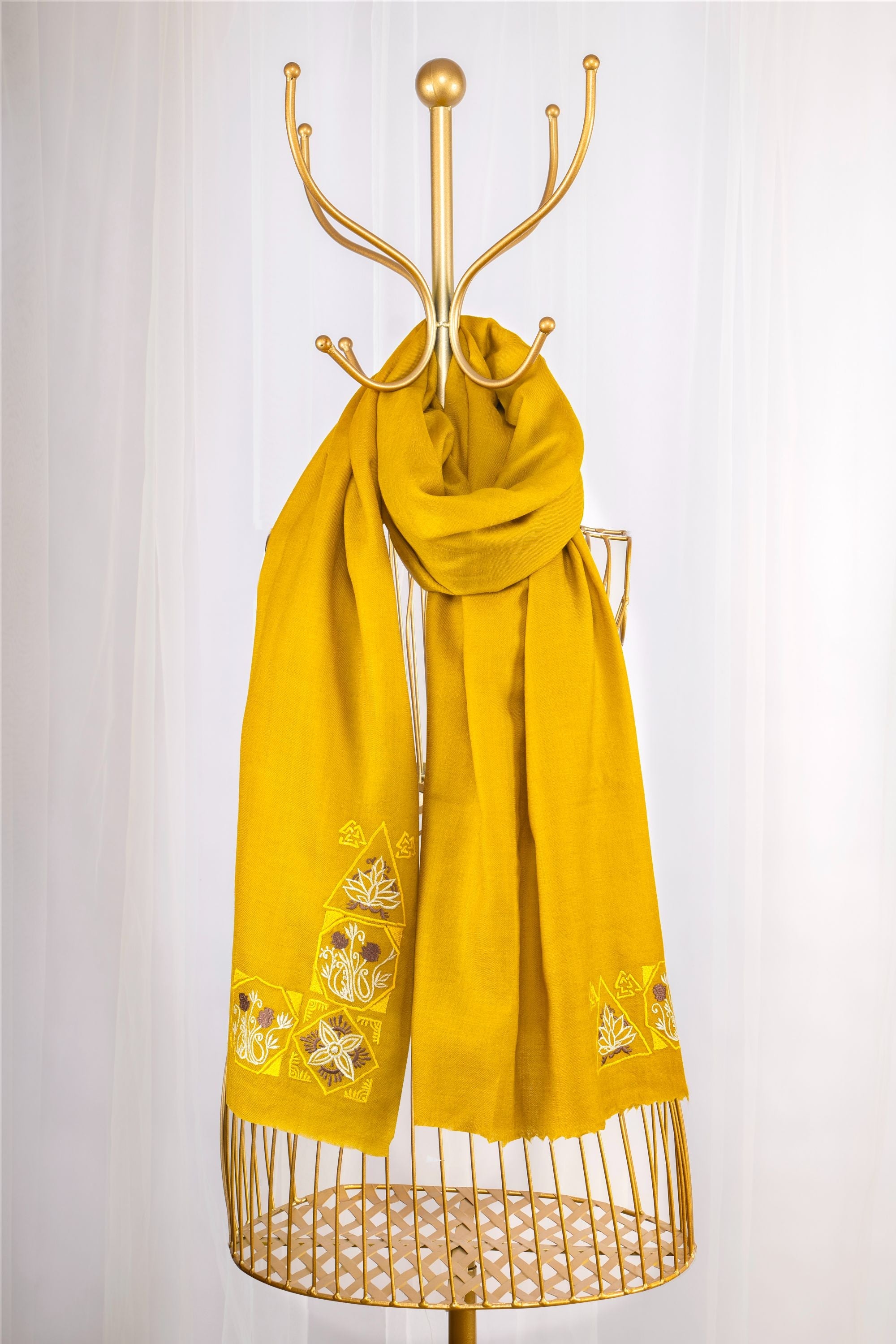Yellow Fine Wool Embroidered Scarf - L Border (Lines, Swirls & More)