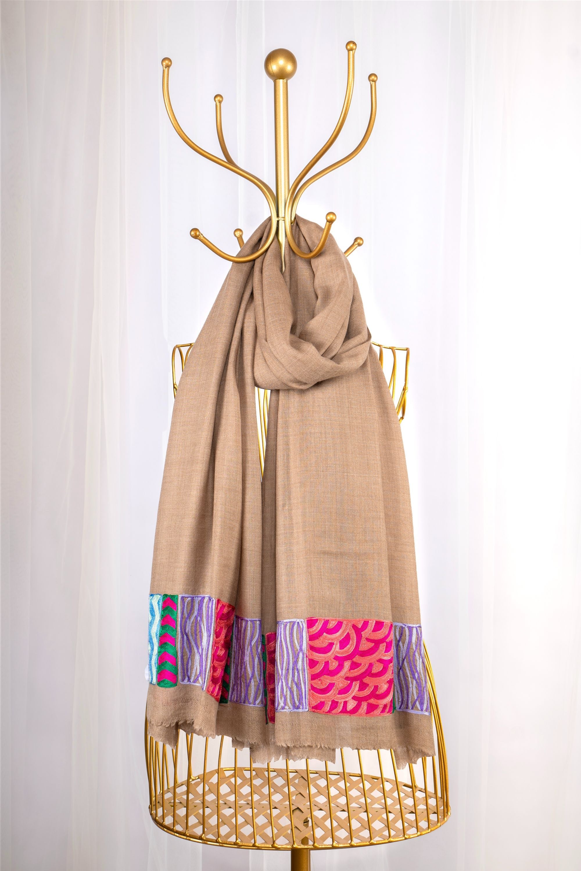 Brown Pure Pashmina Embroidered Scarf - Khidkiyaan (Lines, Swirls & More)