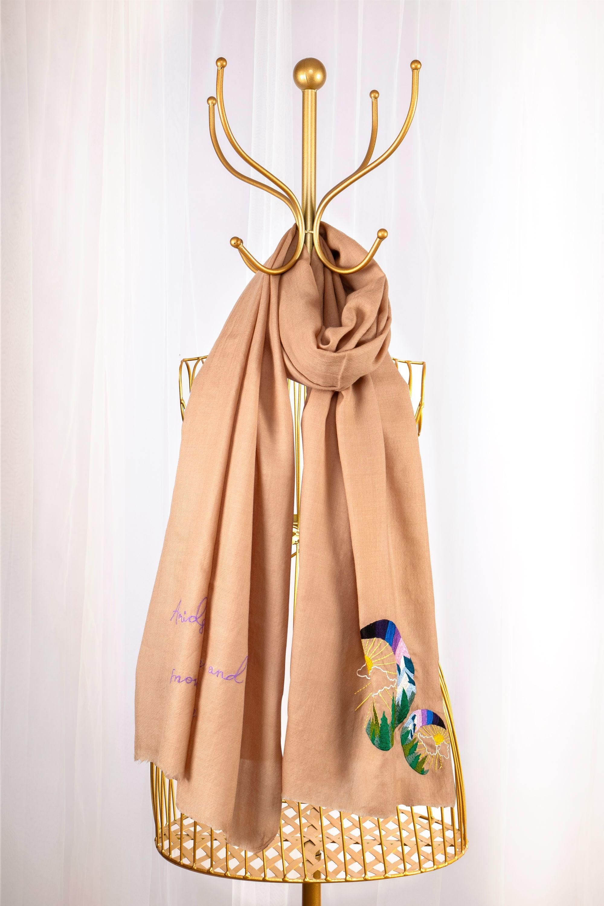 Beige Fine Wool Embroidered Scarf - Moon Mountains and Sunshine (Love Jammu & Kashmir)