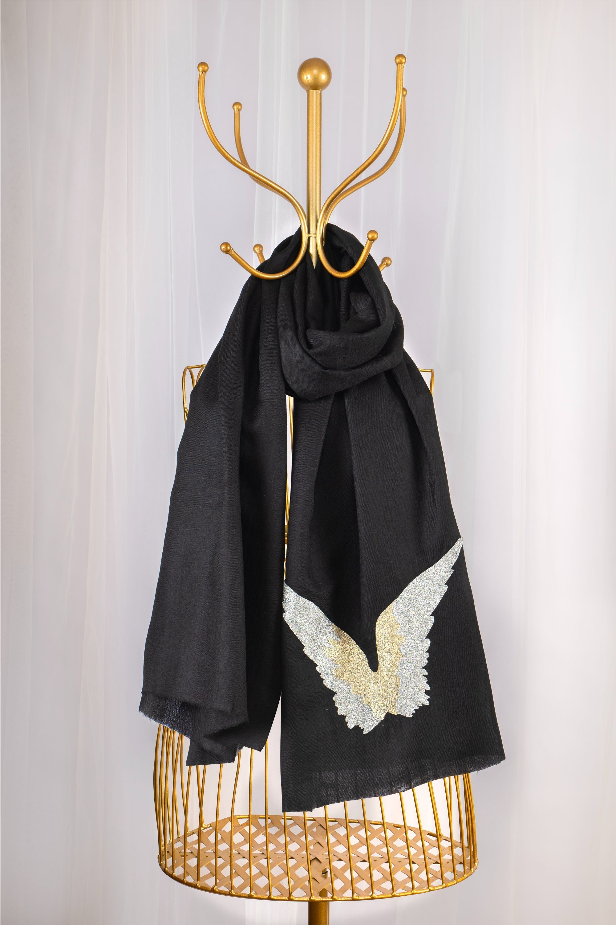 Black Fine Wool Embroidered Scarf - Fly High (Into Their Den)