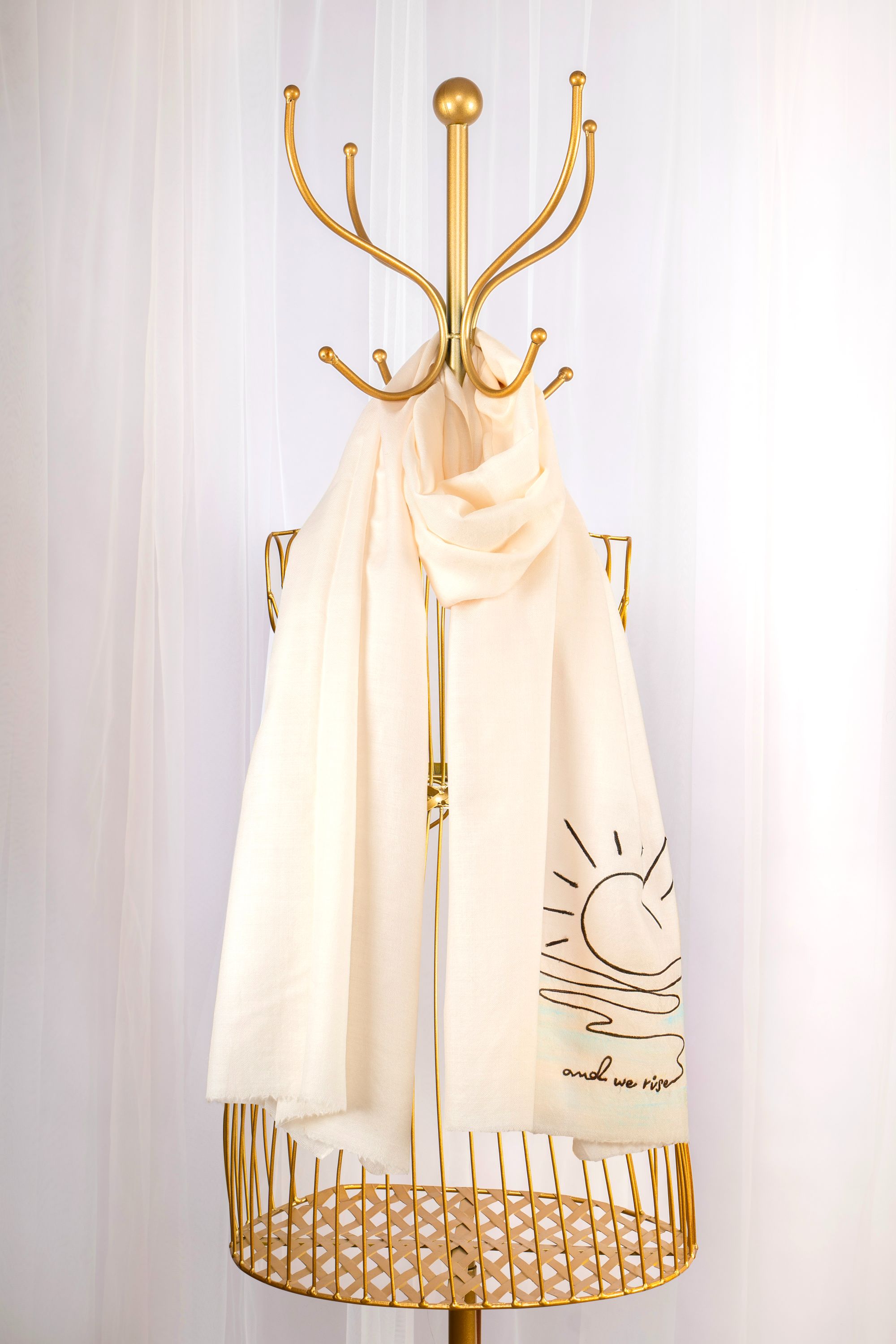 White Fine Wool Embroidered Scarf - Samundra Kinara (Lines, Swirls & More)