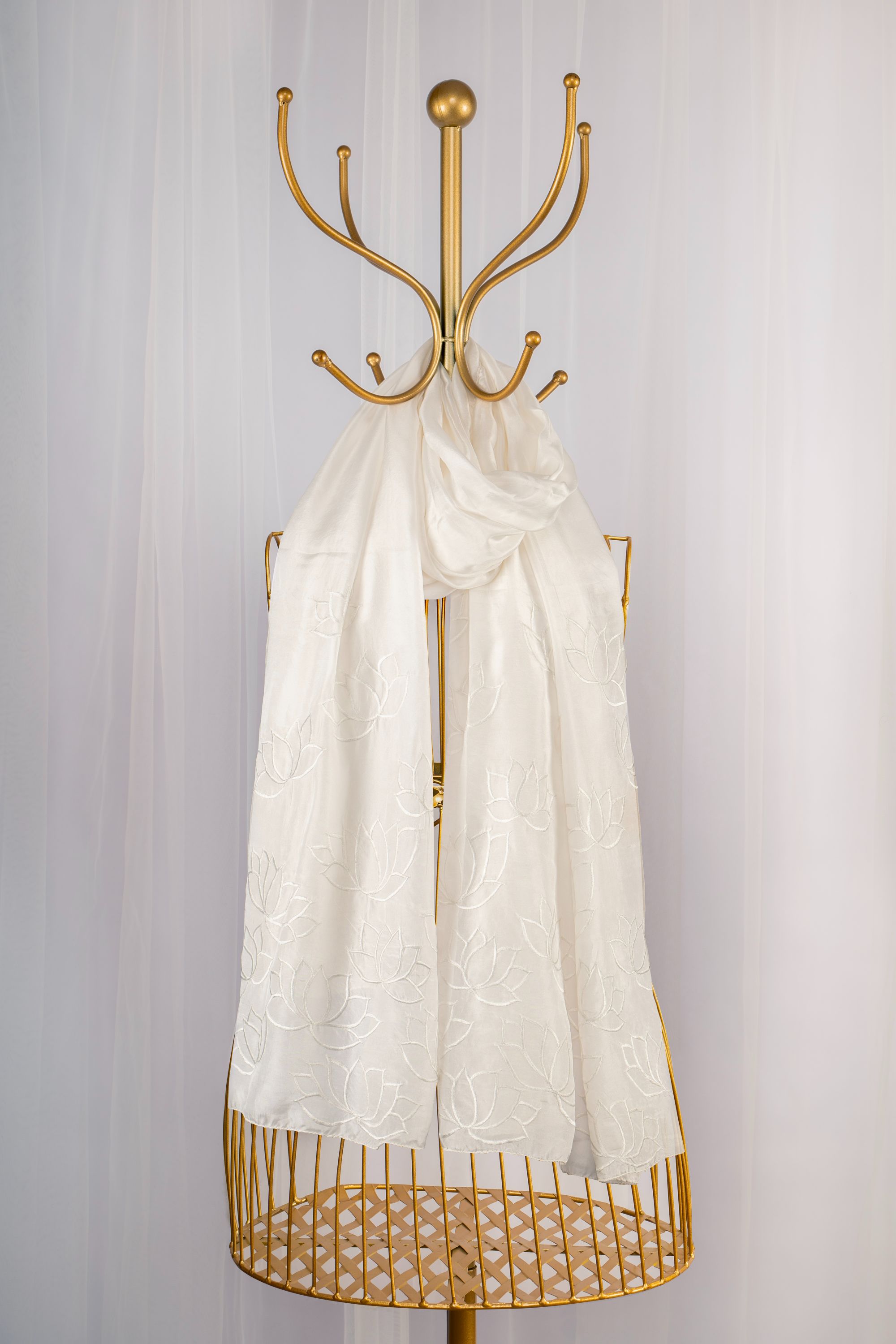 White Silk Embroidered Scarf - Lotus Shower (We Got You Flowers)
