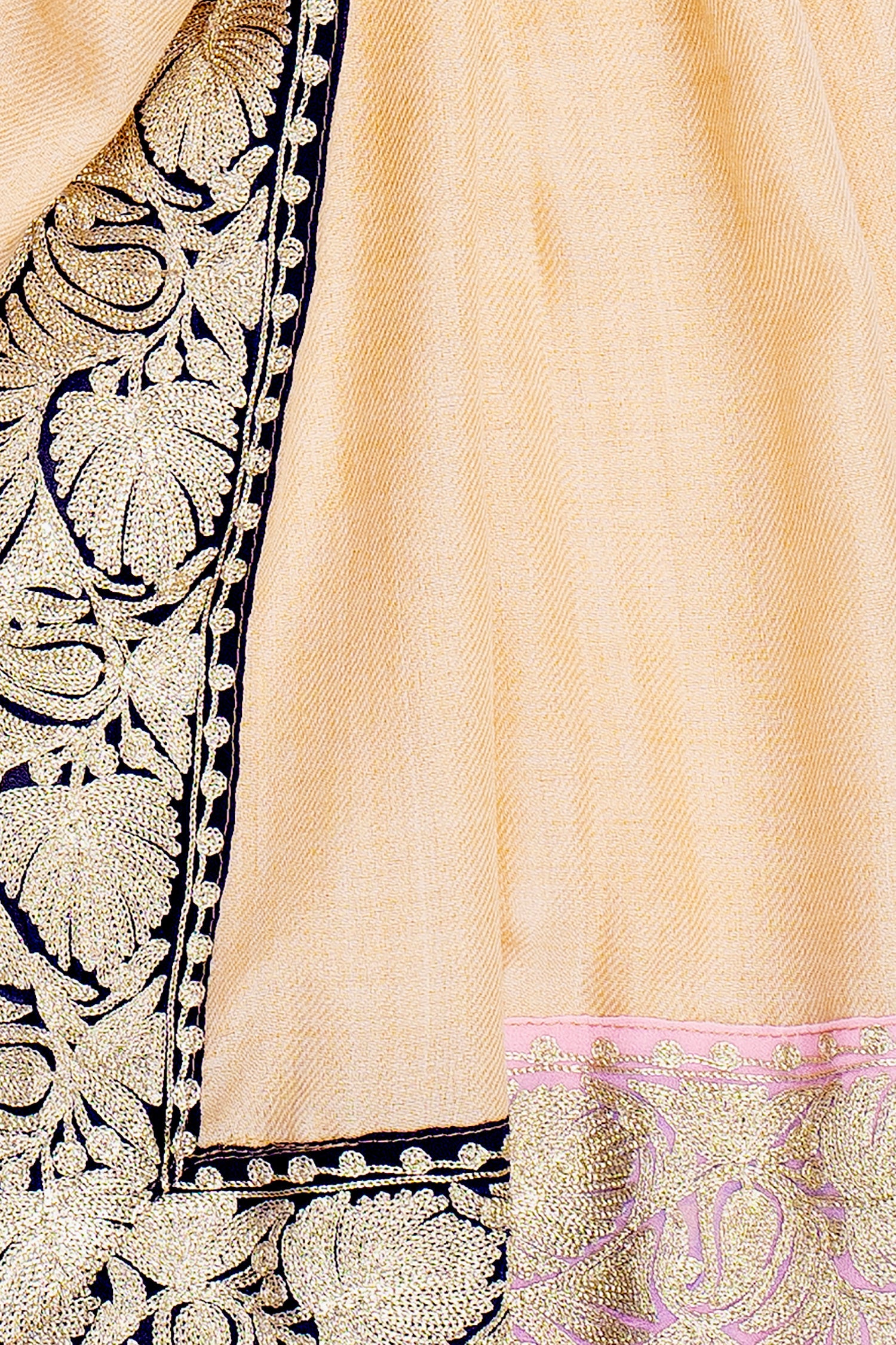 Coloring Boundaries in Pashmina-Embroidered Stole with Earthy Tones and Ornate Borders in Beige (Love Jammu & kashmir)
