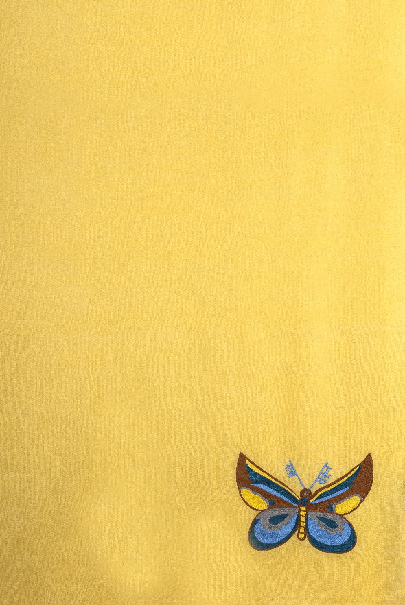 Yellow Fine Wool Embroidered Scarf - Sabar, Sukoon, Butterflies (We Got You Flowers)