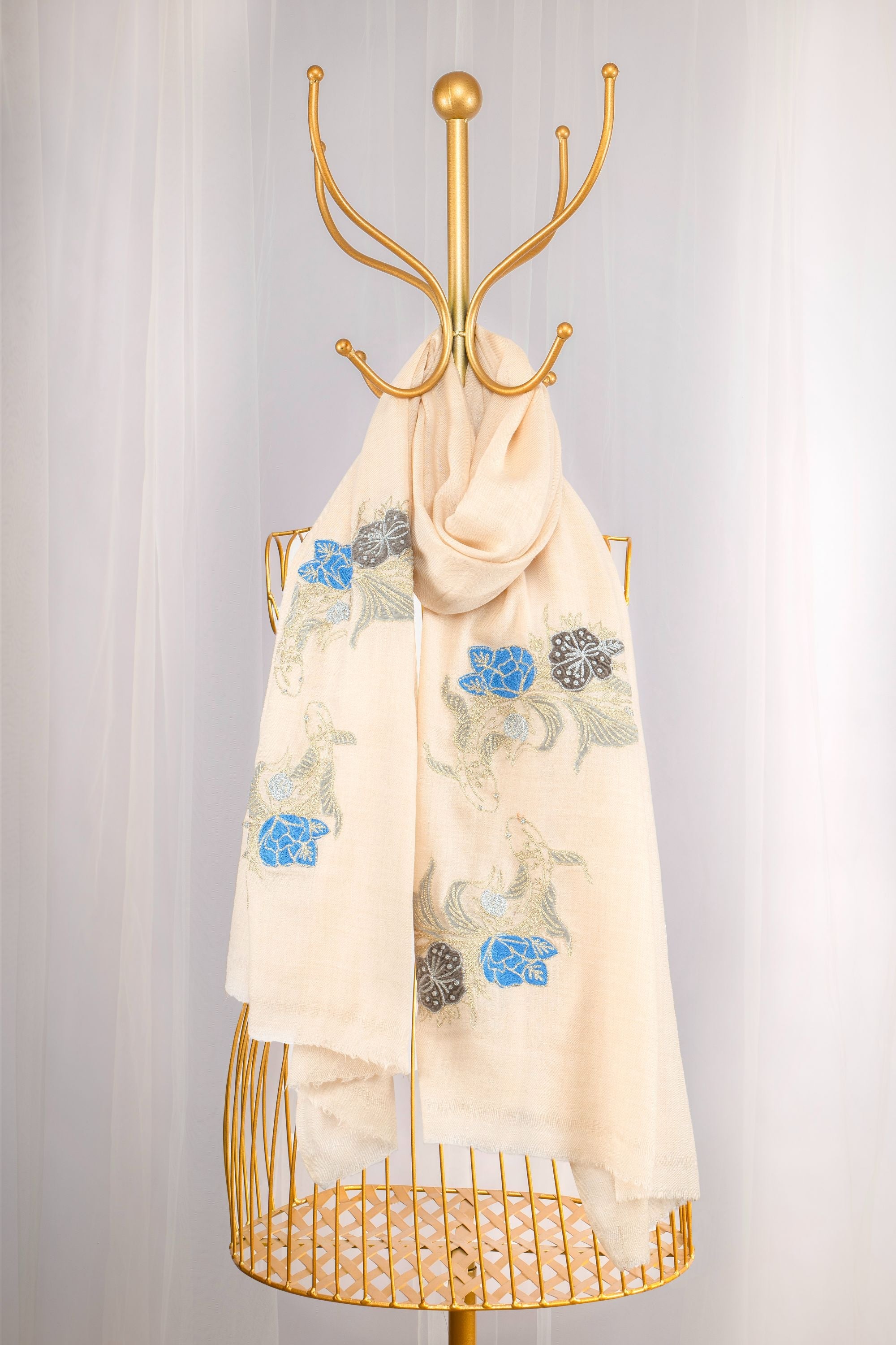 White Pure Pashmina Embroidered and Velvet Patched Scarf - Dainty Dreams Fishes (Into Their Den)