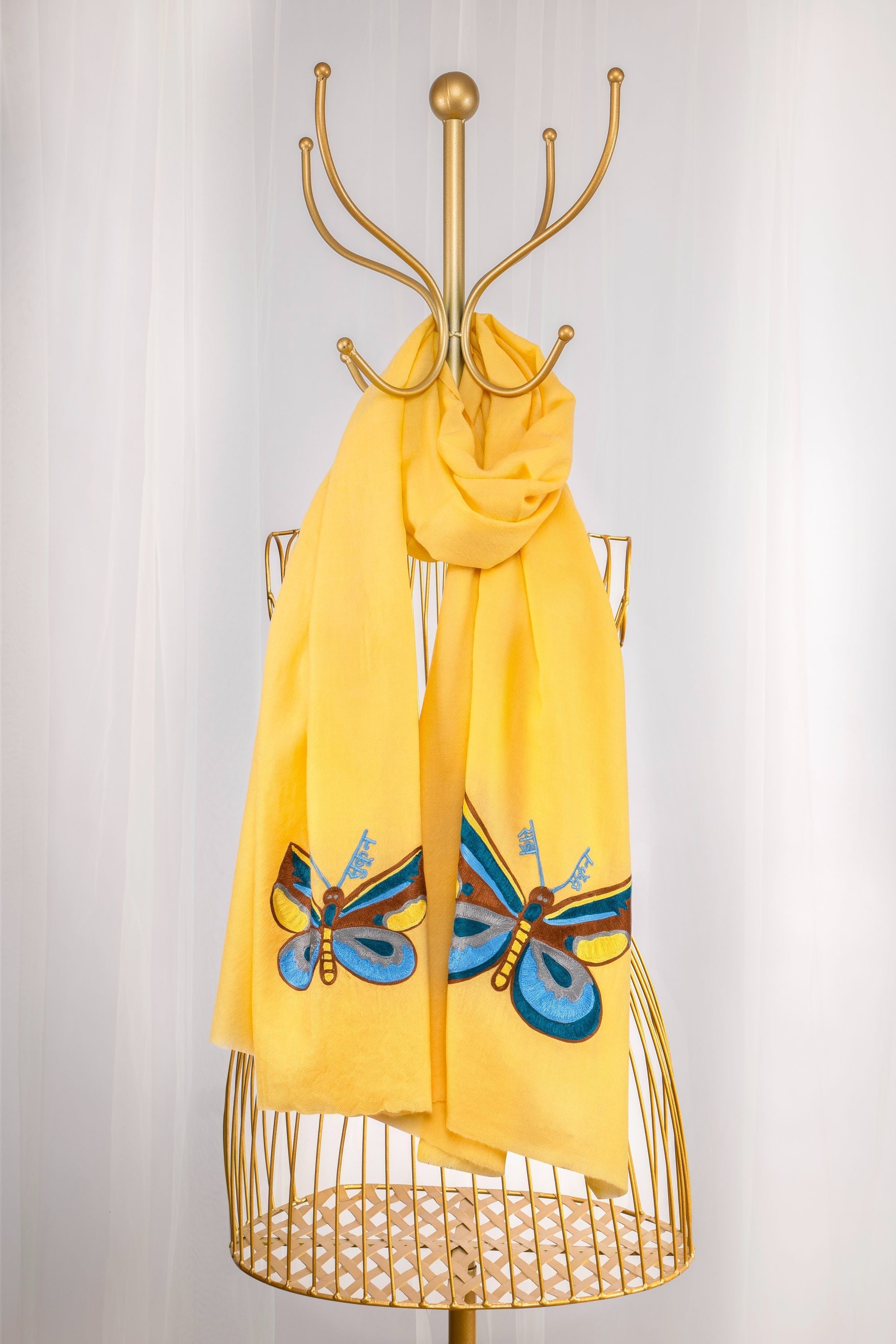 Yellow Fine Wool Embroidered Scarf - Sabar, Sukoon, Butterflies (We Got You Flowers)