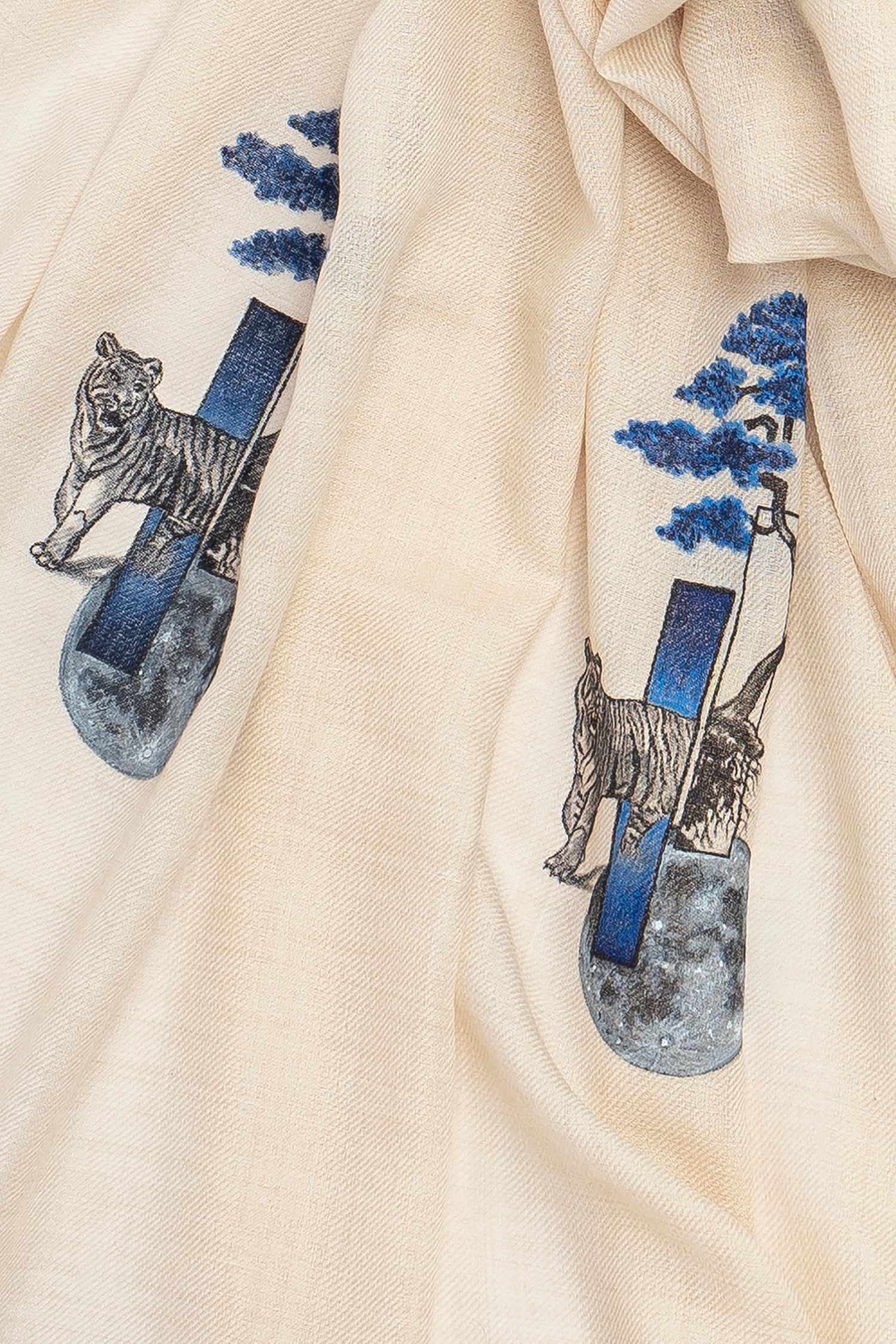 Beige Pure Pashmina Hand-Painted Scarf - Tiger in Woods (Into their Den)