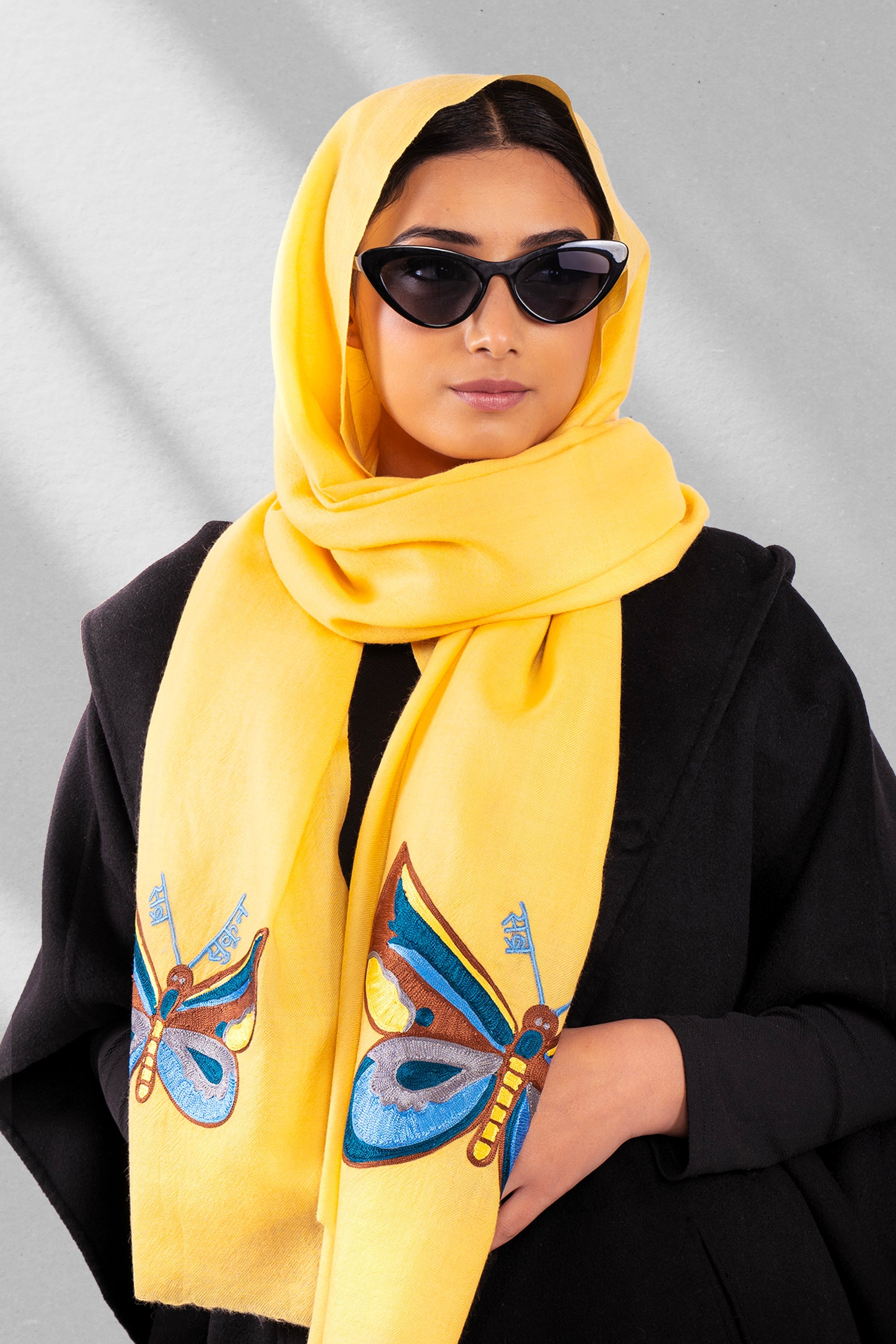 Yellow Fine Wool Embroidered Scarf - Sabar, Sukoon, Butterflies (We Got You Flowers)