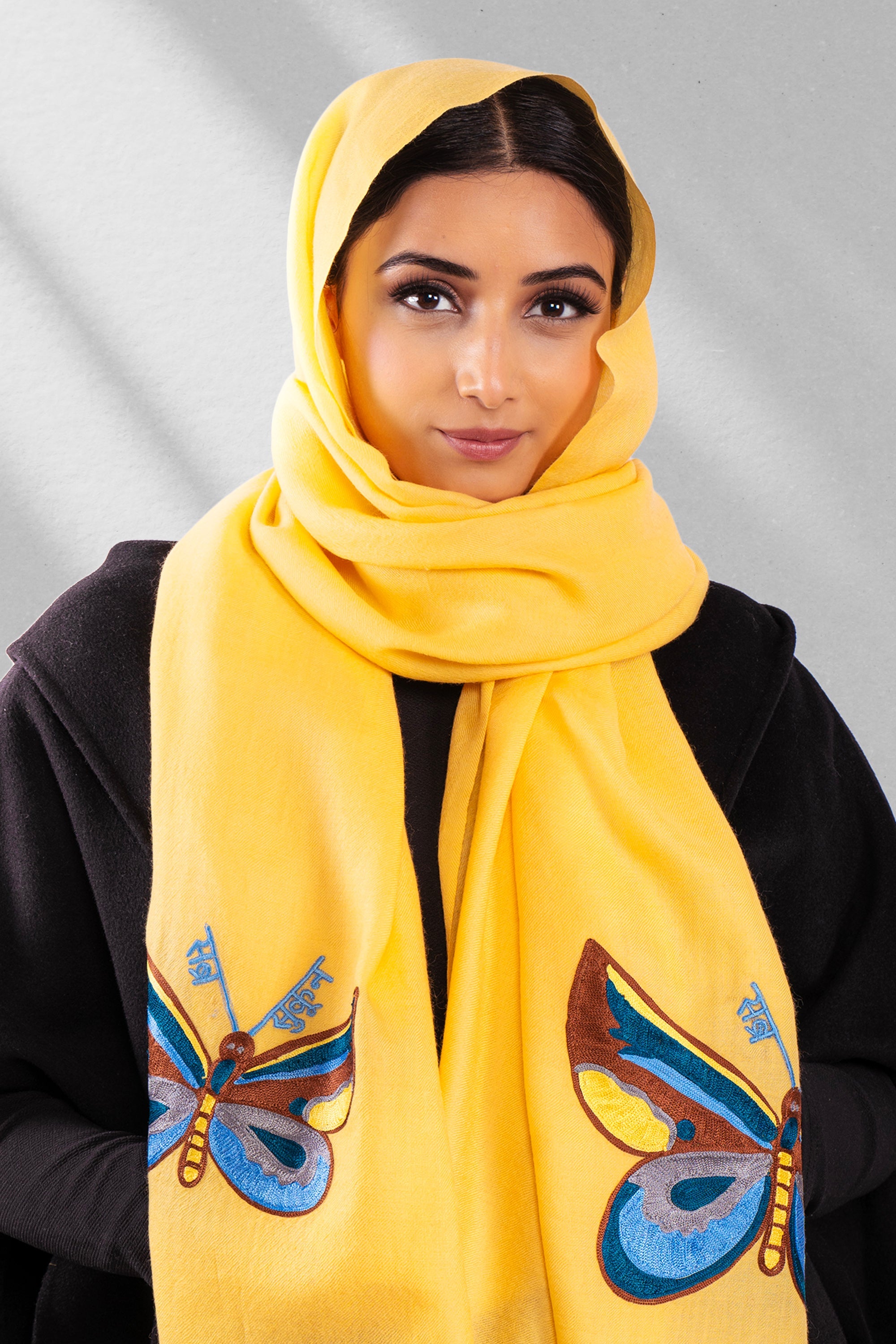 Yellow Fine Wool Embroidered Scarf - Sabar, Sukoon, Butterflies (We Got You Flowers)