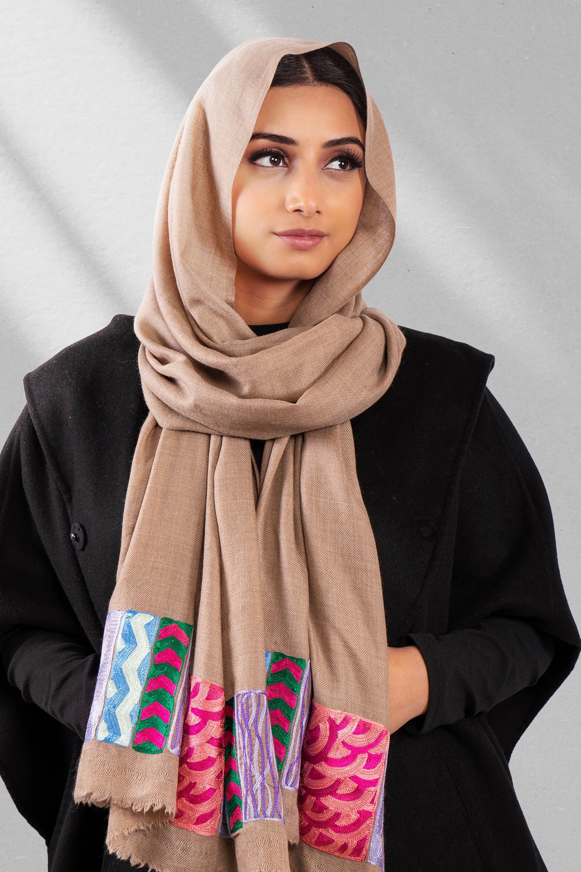 Brown Pure Pashmina Embroidered Scarf - Khidkiyaan (Lines, Swirls & More)
