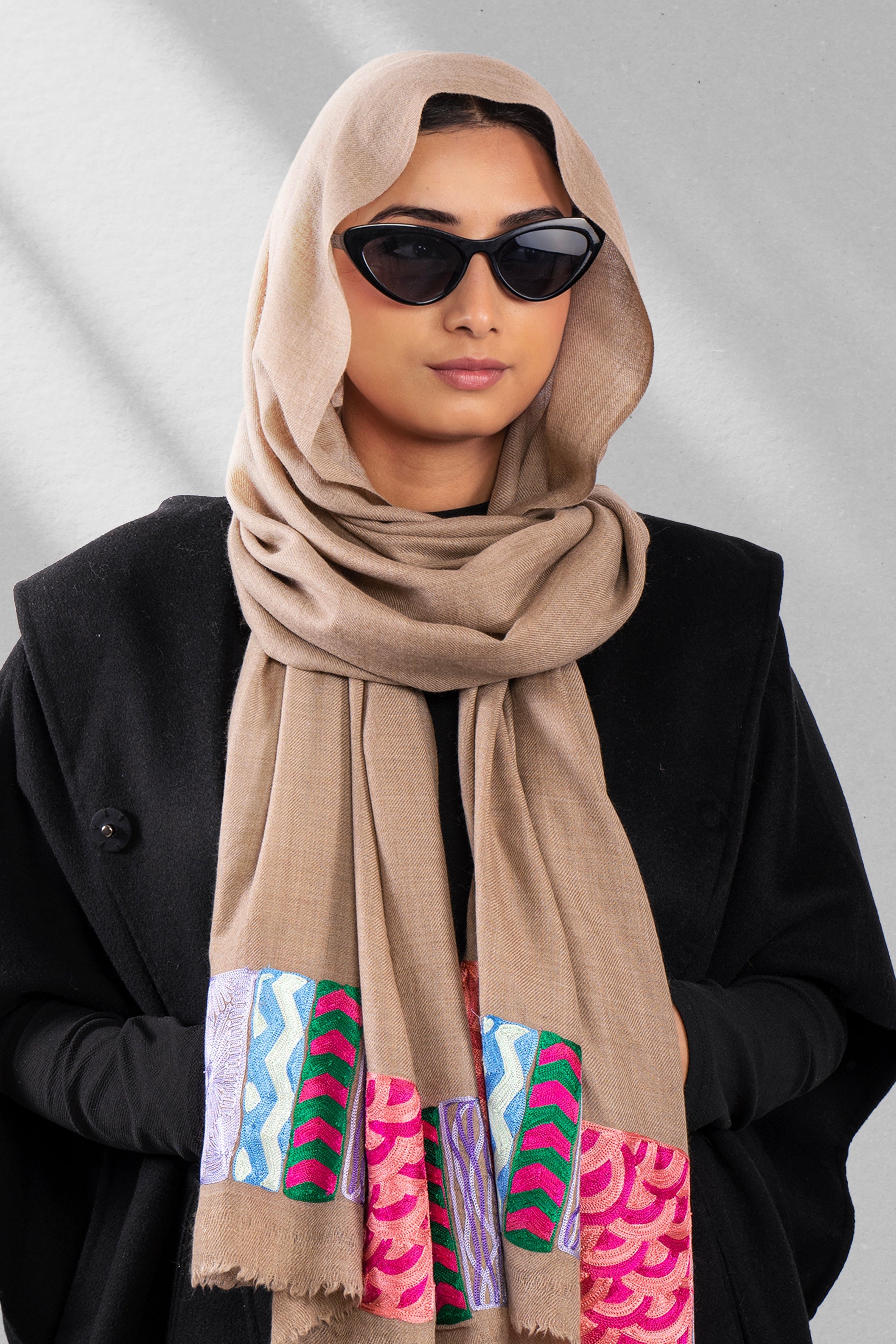 Brown Pure Pashmina Embroidered Scarf - Khidkiyaan (Lines, Swirls & More)