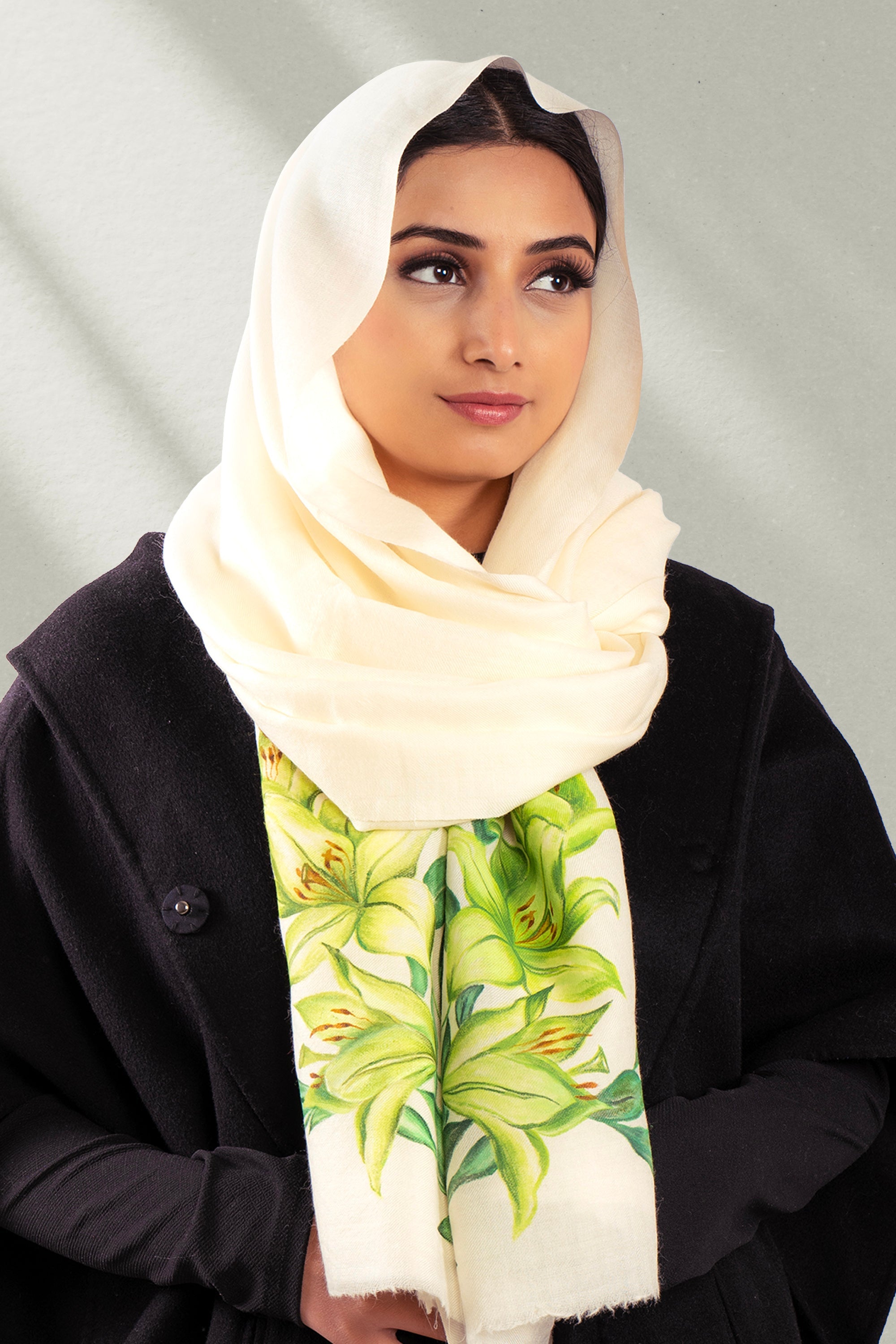 White Fine Wool Hand-Painted Scarf - Lilies and more (We Got You Flowers)