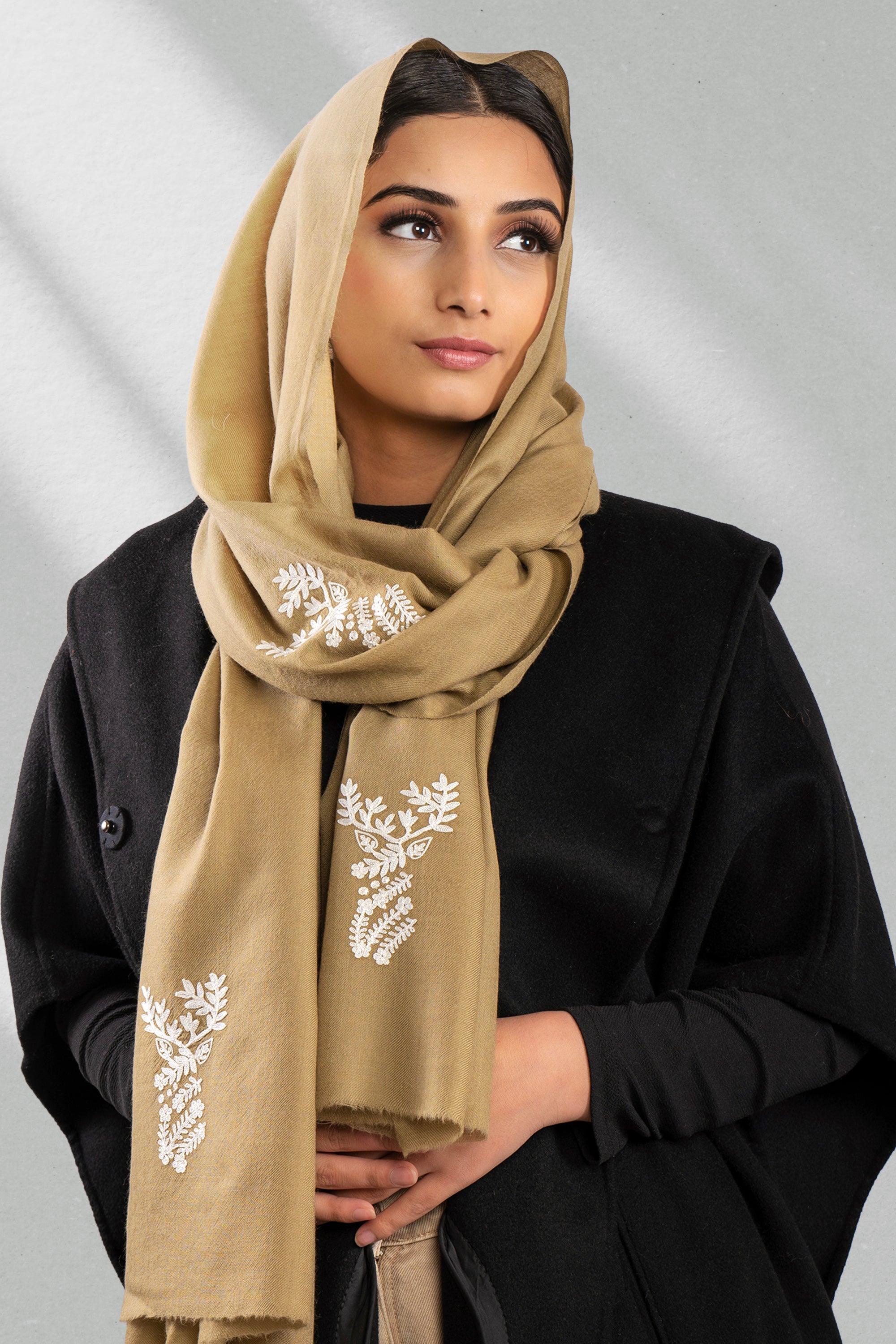 Brown Fine Wool Embroidered Scarf - Deer Dairies (Into Their Den)