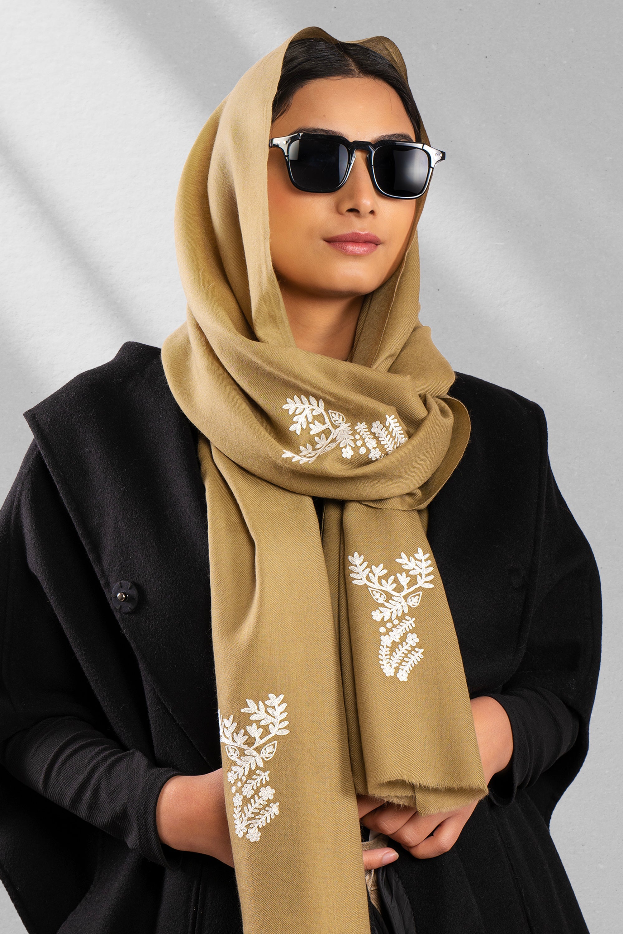 Brown Fine Wool Embroidered Scarf - Deer Dairies (Into Their Den)