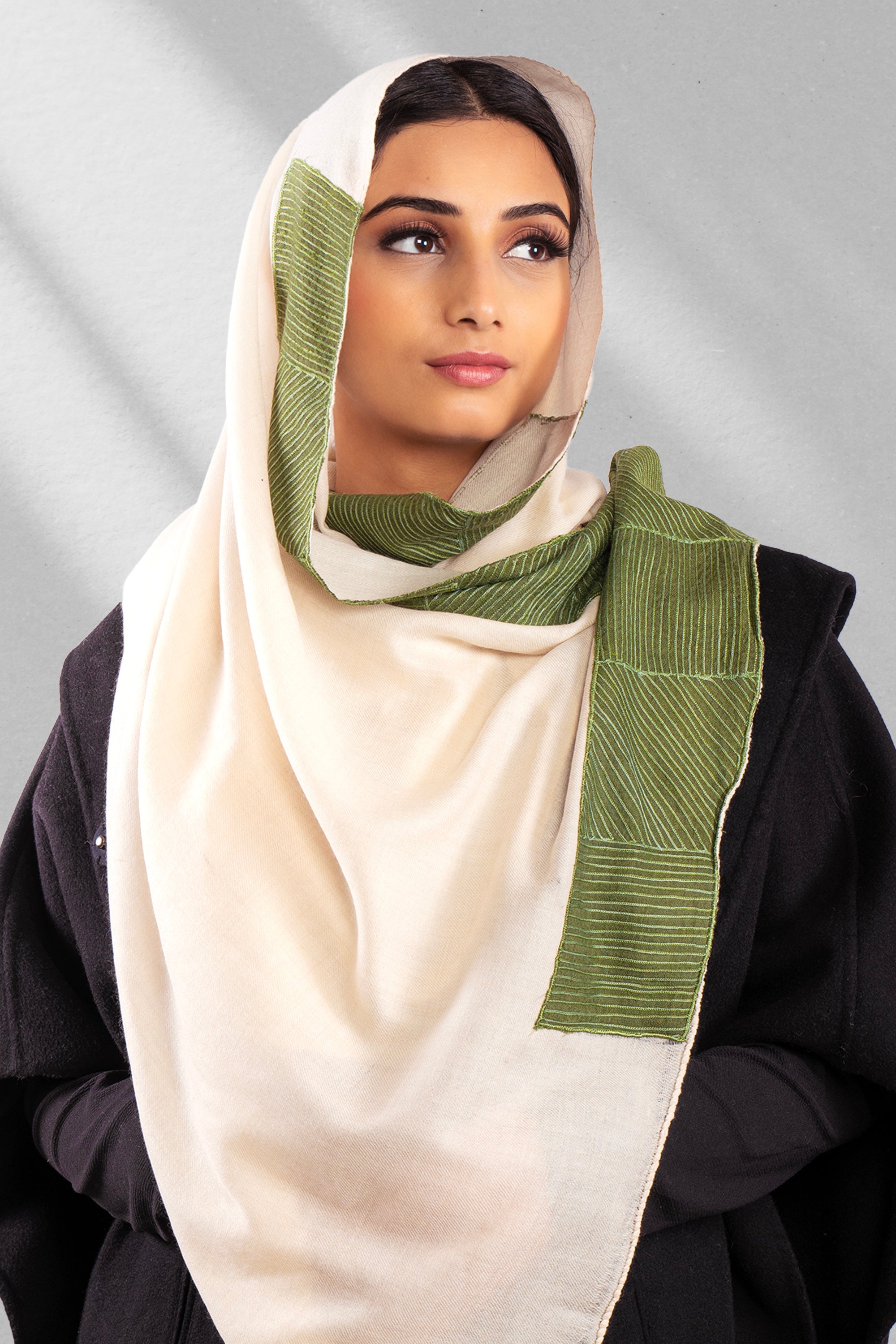 White Pure Pashmina Embroidered Scarf - Patched (Lines, Swirls & More)