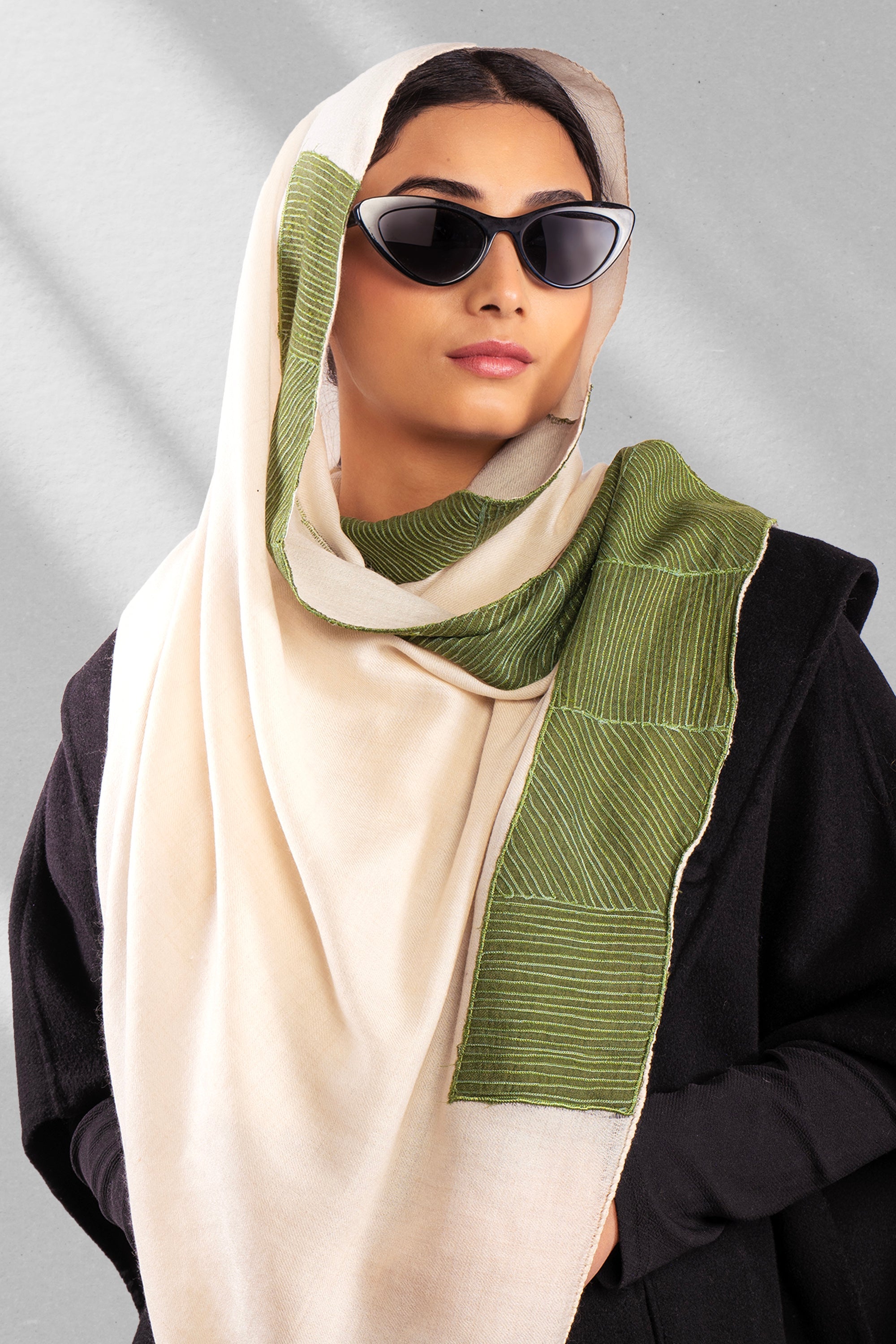 White Pure Pashmina Embroidered Scarf - Patched (Lines, Swirls & More)