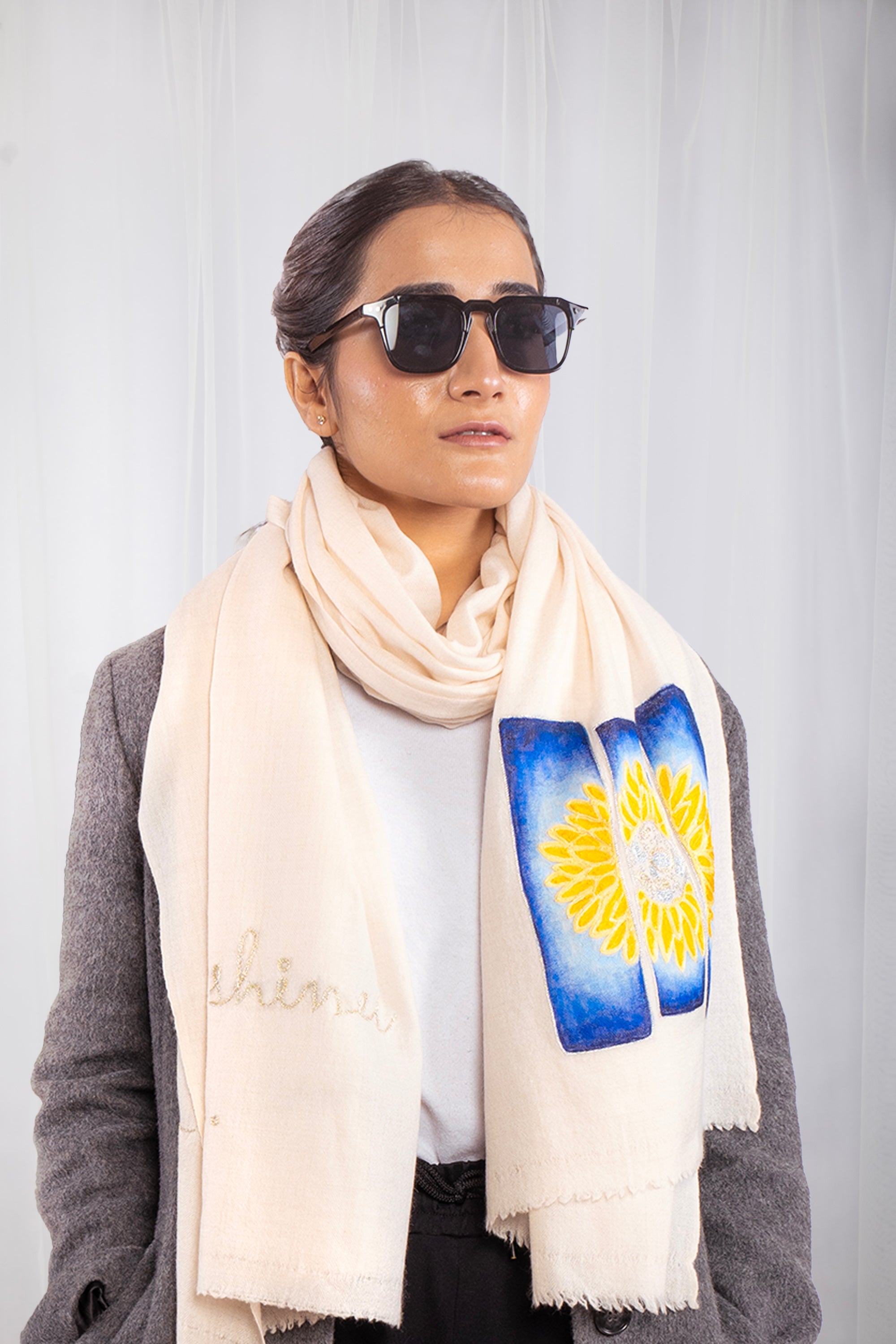 White Pure Pashmina Hand-Painted Embroidered Scarf - Sketched Sunflowers (We Got You Flowers)