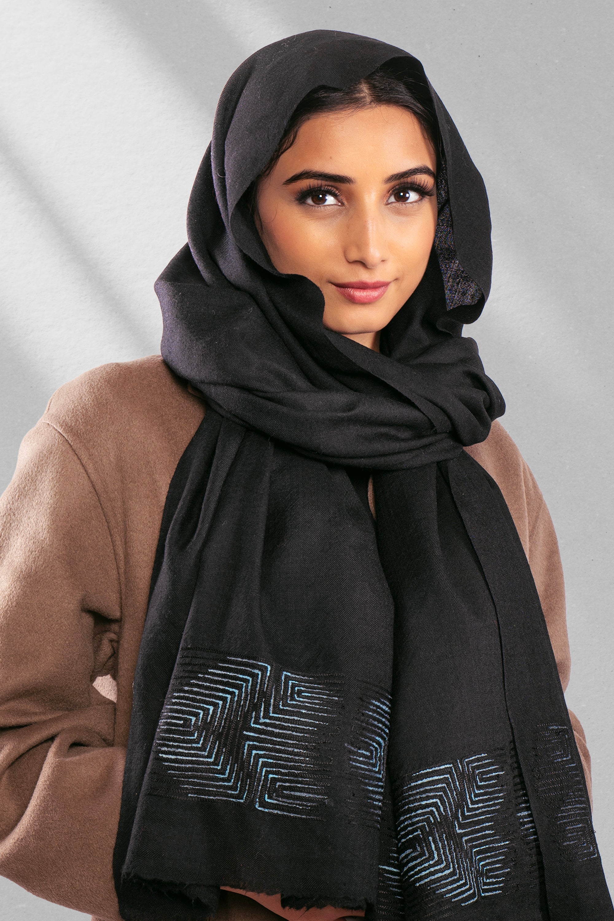 Black Fine Wool Embroidered Scarf - Finding Arrows (Lines, Swirls & More)