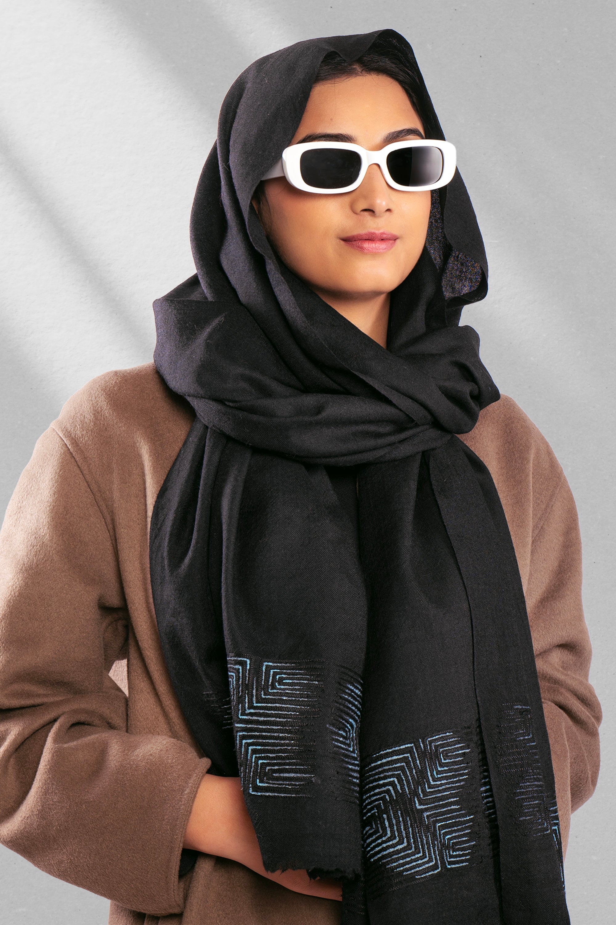 Black Fine Wool Embroidered Scarf - Finding Arrows (Lines, Swirls & More)