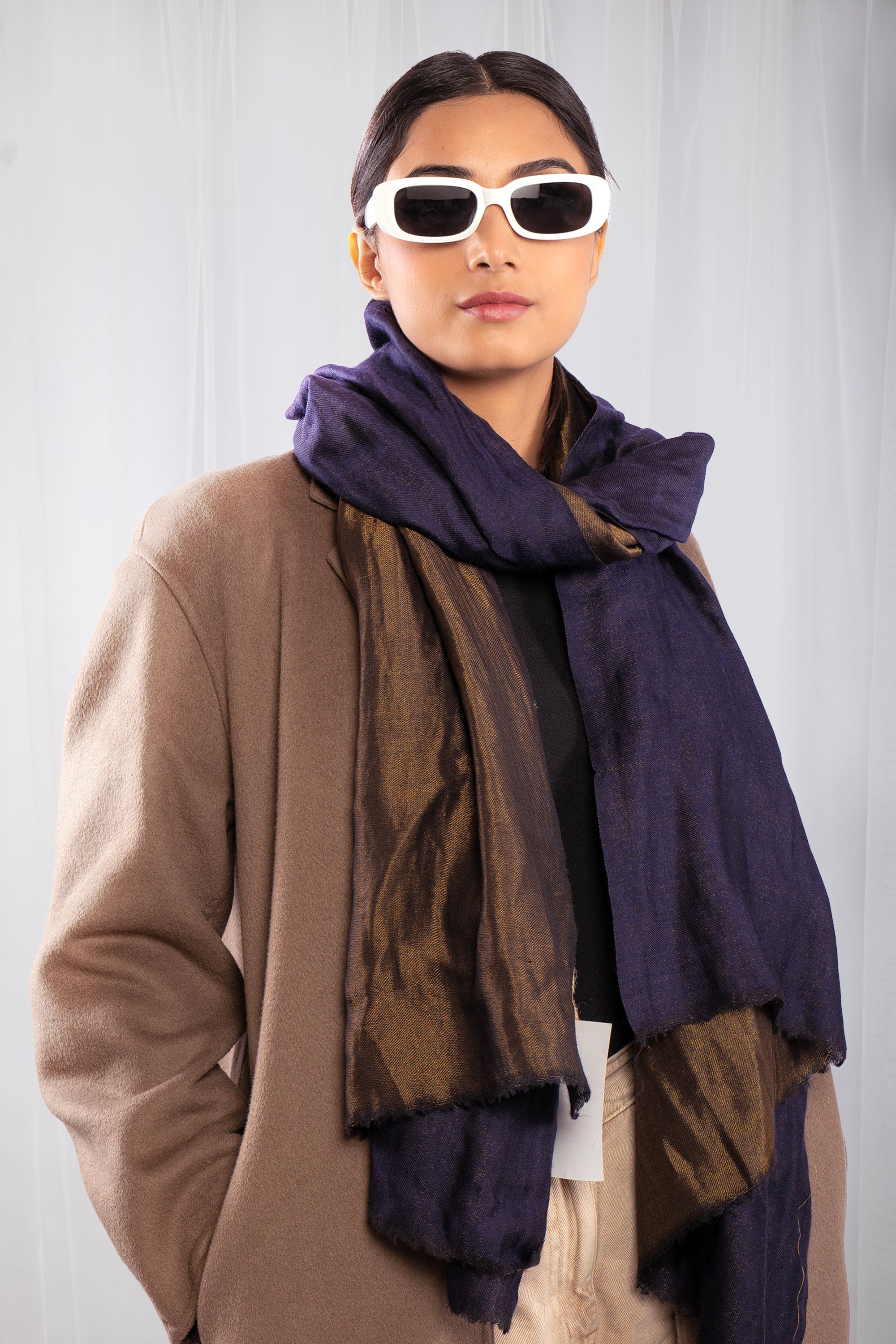 Blue & Brown Pure Pashmina Embroidered Scarf -Metallic Reversible (Classics)