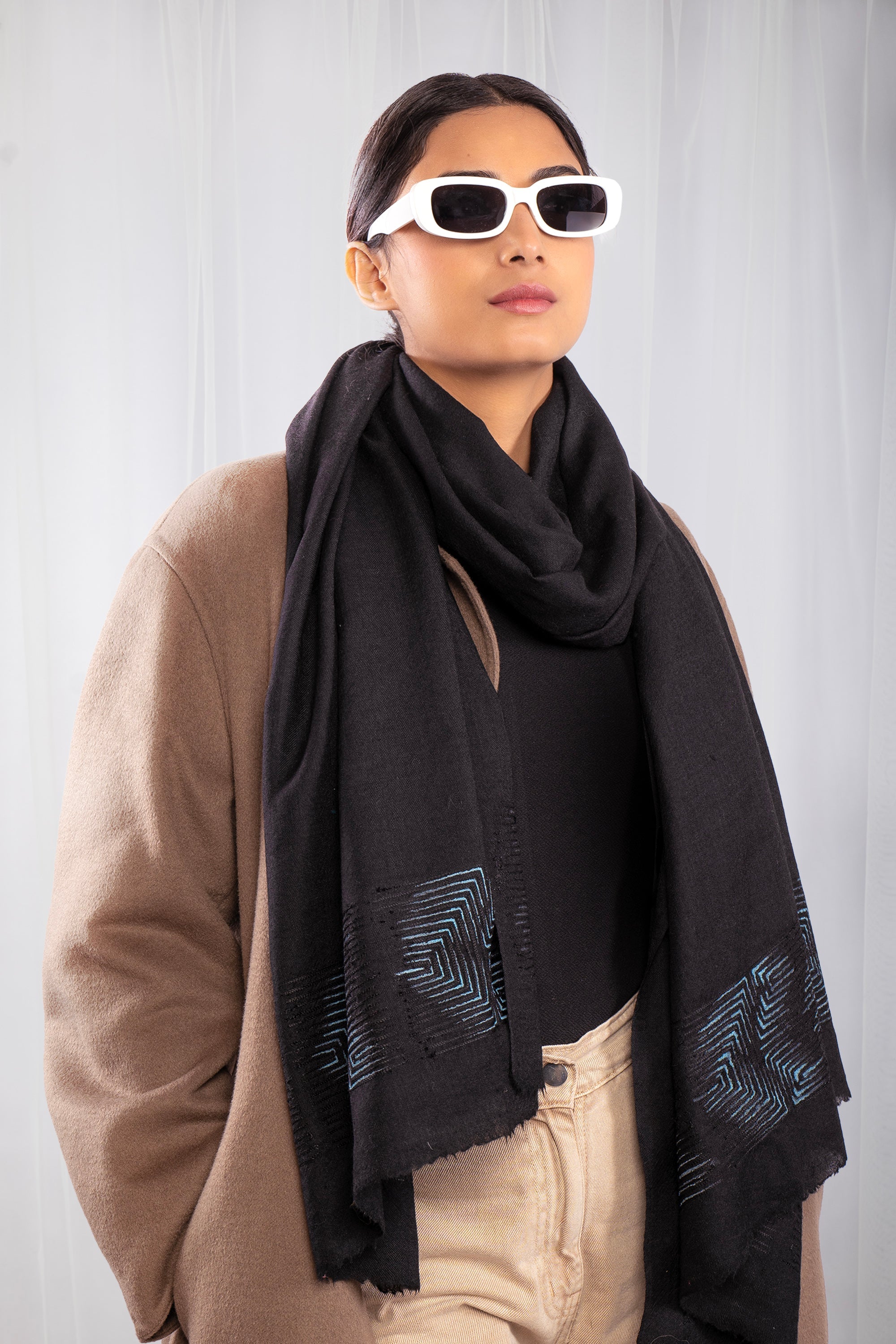 Black Fine Wool Embroidered Scarf - Finding Arrows (Lines, Swirls & More)