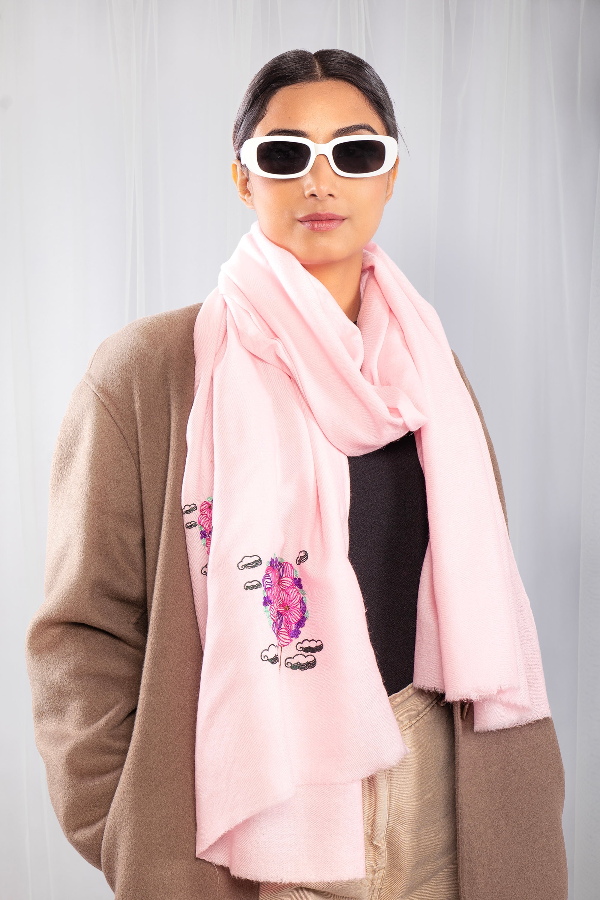 Pink Fine Wool Embroidered Scarf - Into the Dreamland (We Got the Flowers)