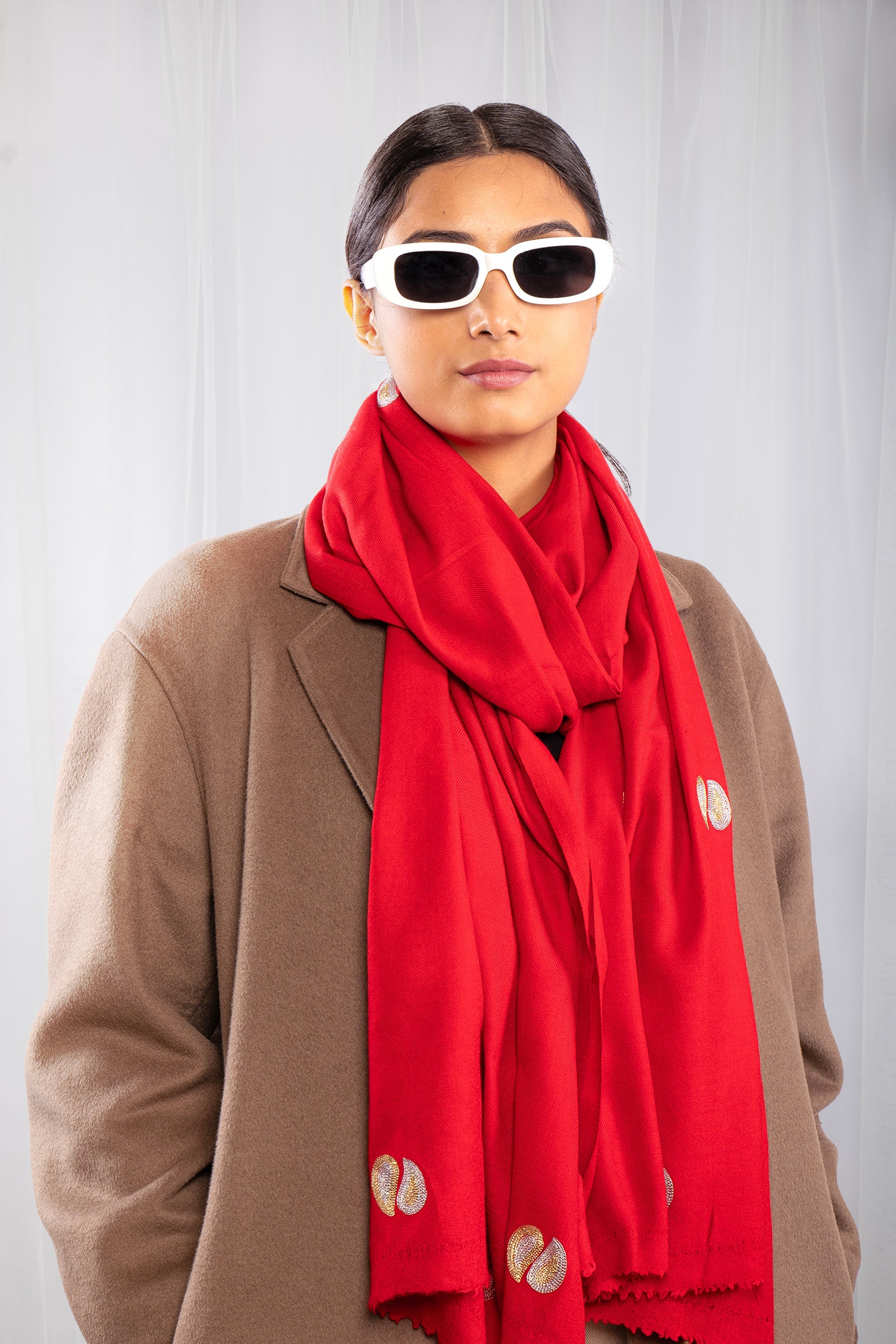Red Pure Pashmina Embroidered Scarf - Ambi & Kaeri (Love Jammu & Kashmir)