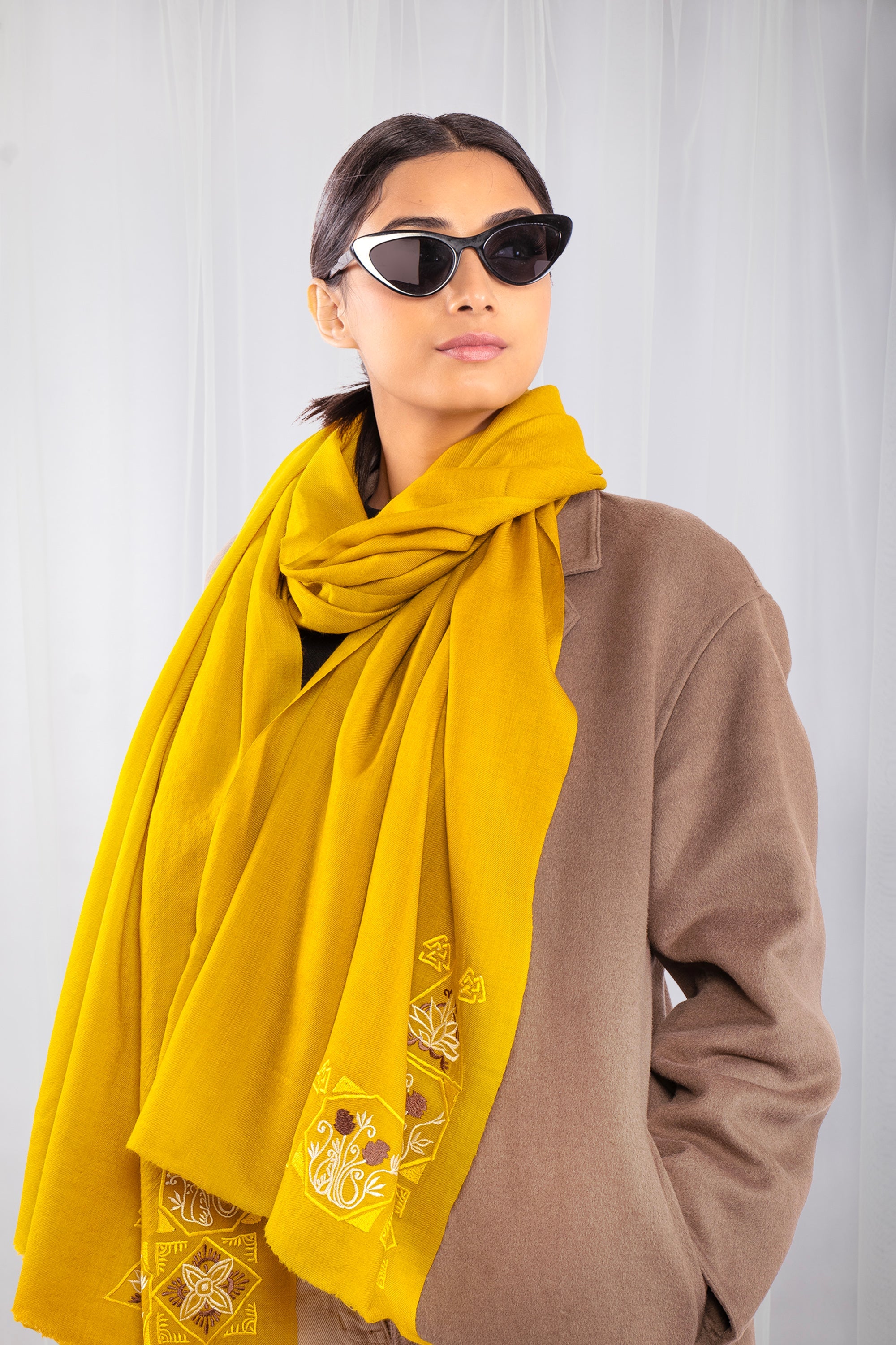 Yellow Fine Wool Embroidered Scarf - L Border (Lines, Swirls & More)