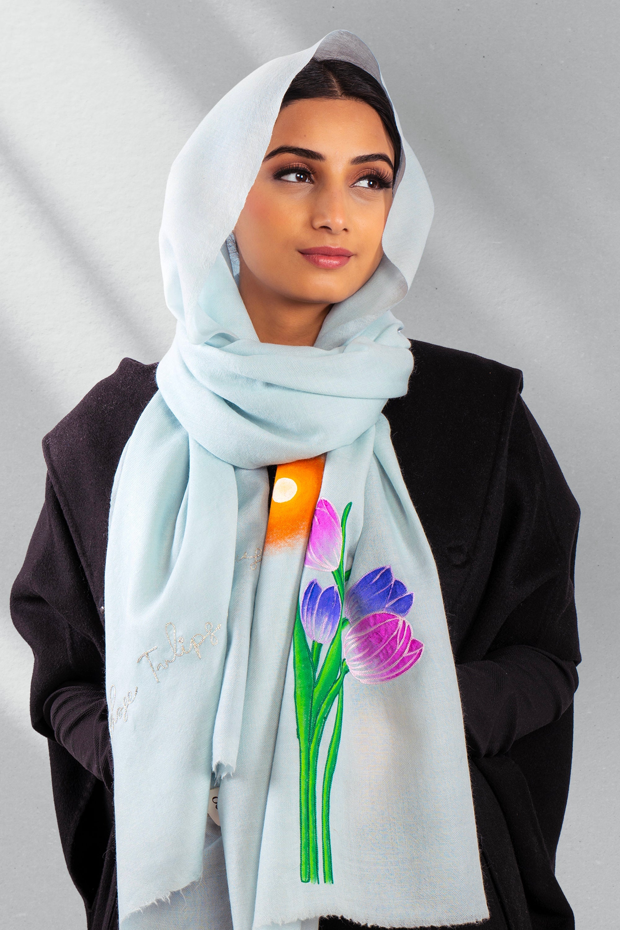 Ice Blue Pure Pashmina Hand-Painted & Embroidered Scarf - Tulip Garden (Love Jammu & Kashmir)