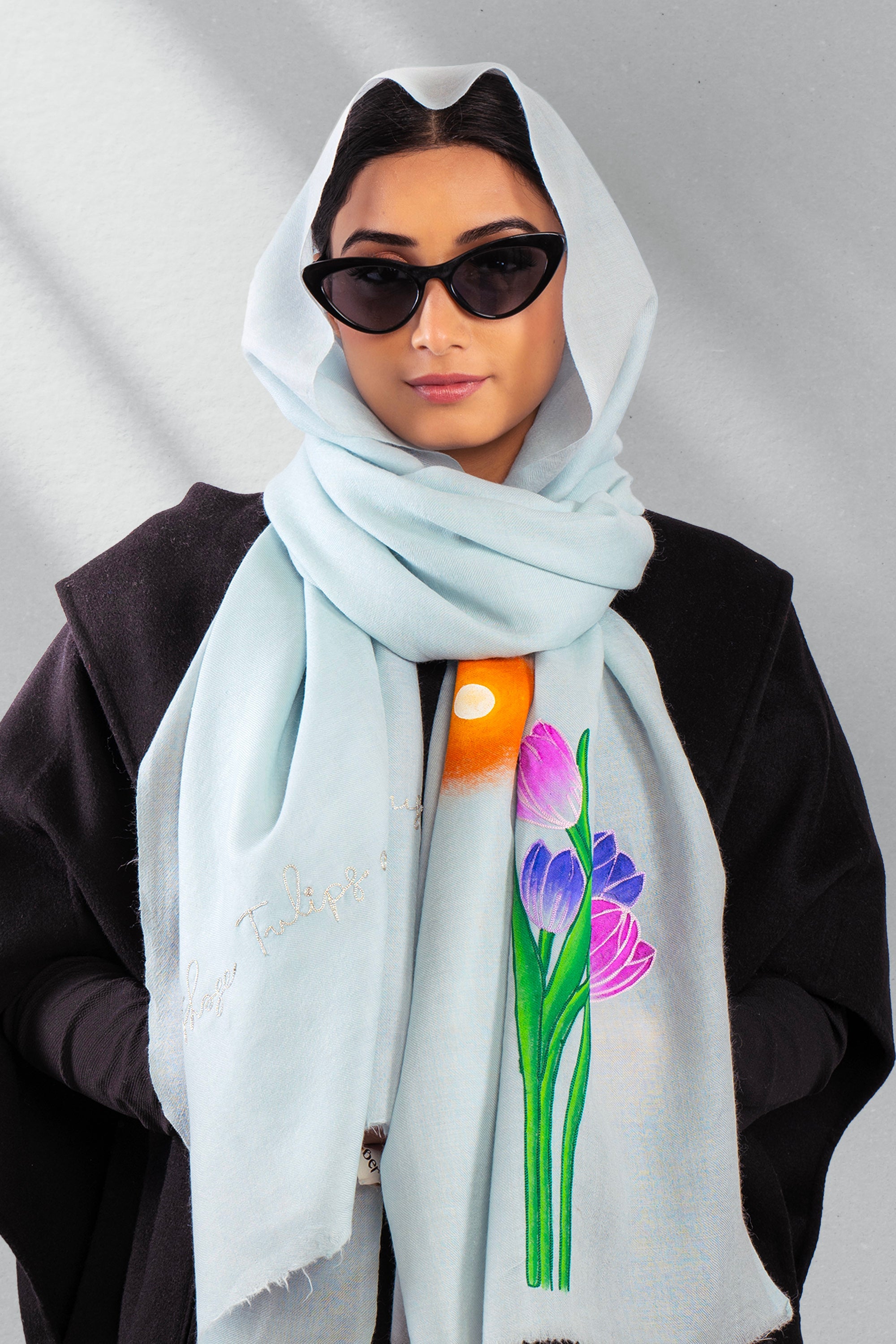 Ice Blue Pure Pashmina Hand-Painted & Embroidered Scarf - Tulip Garden (Love Jammu & Kashmir)