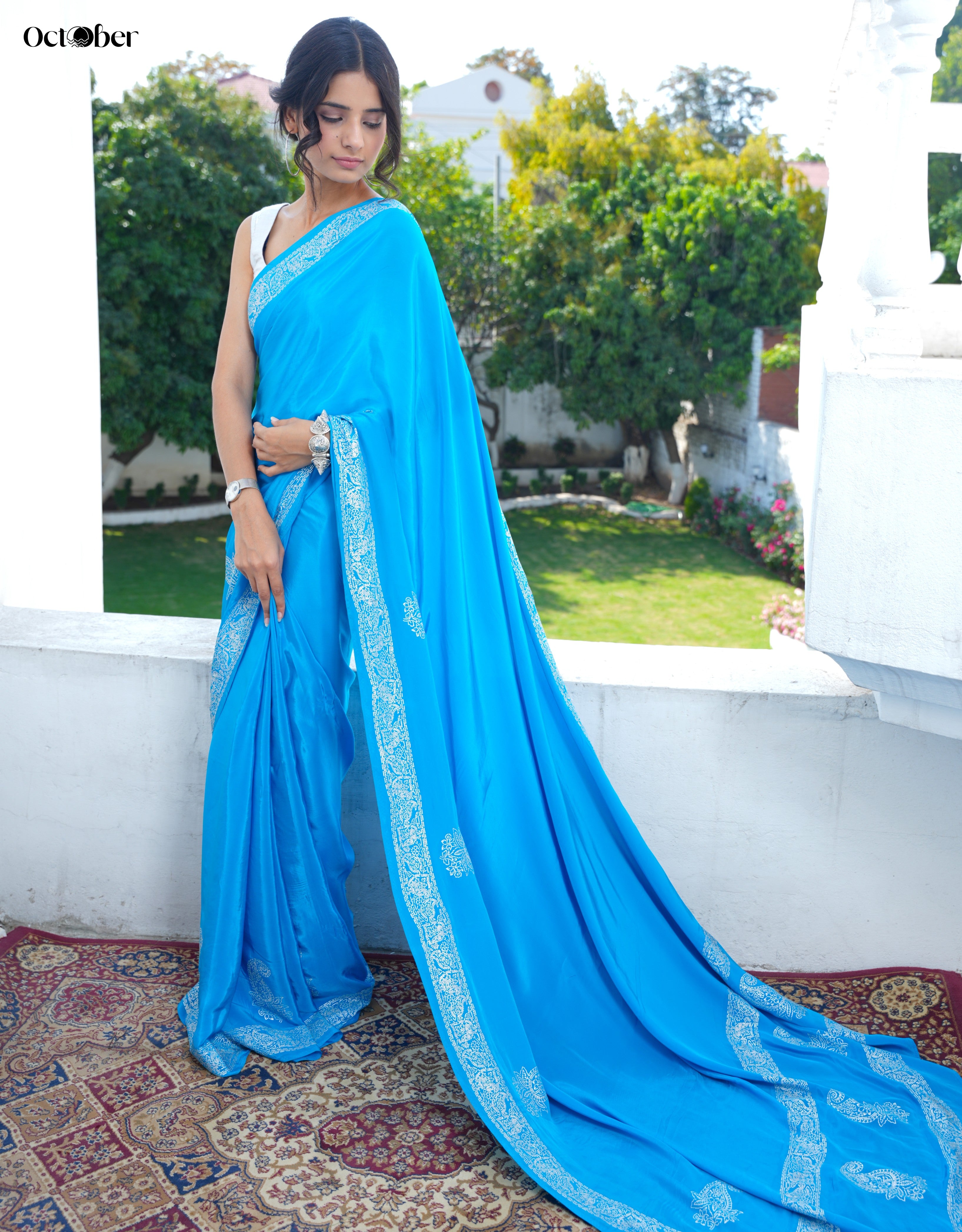 Chandi Ki Saree - Sky Blue Silver Border Crepe Saree (Pure Silver Saree)