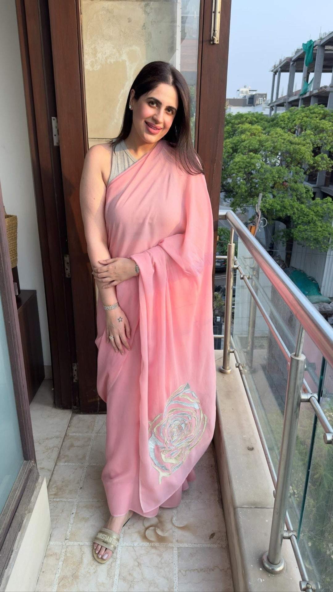 Baby Pink Georgette Tila Embroidered Saree - Metallic Roses (October Summers)