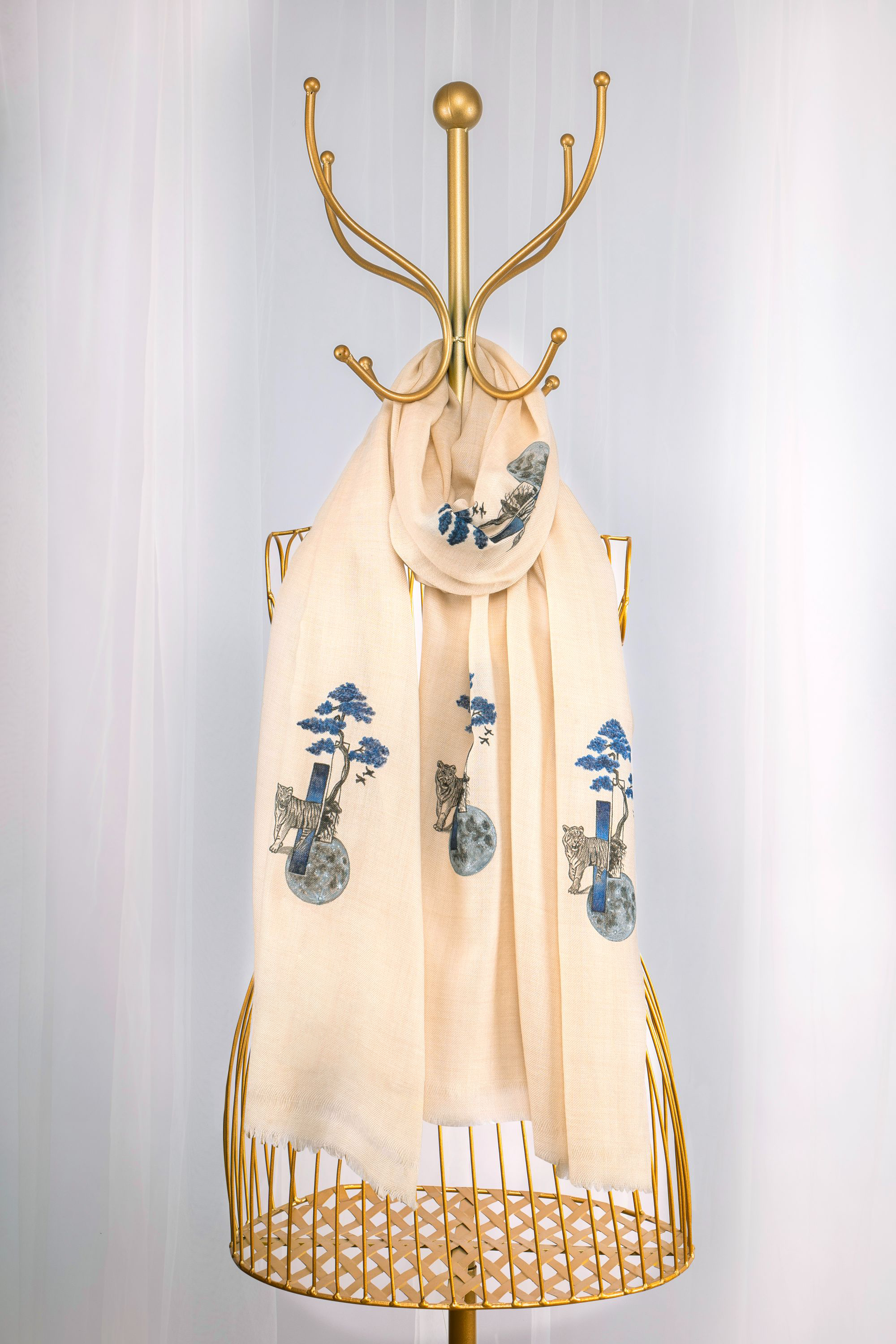 Beige Pure Pashmina Hand-Painted Scarf - Tiger in Woods (Into their Den)
