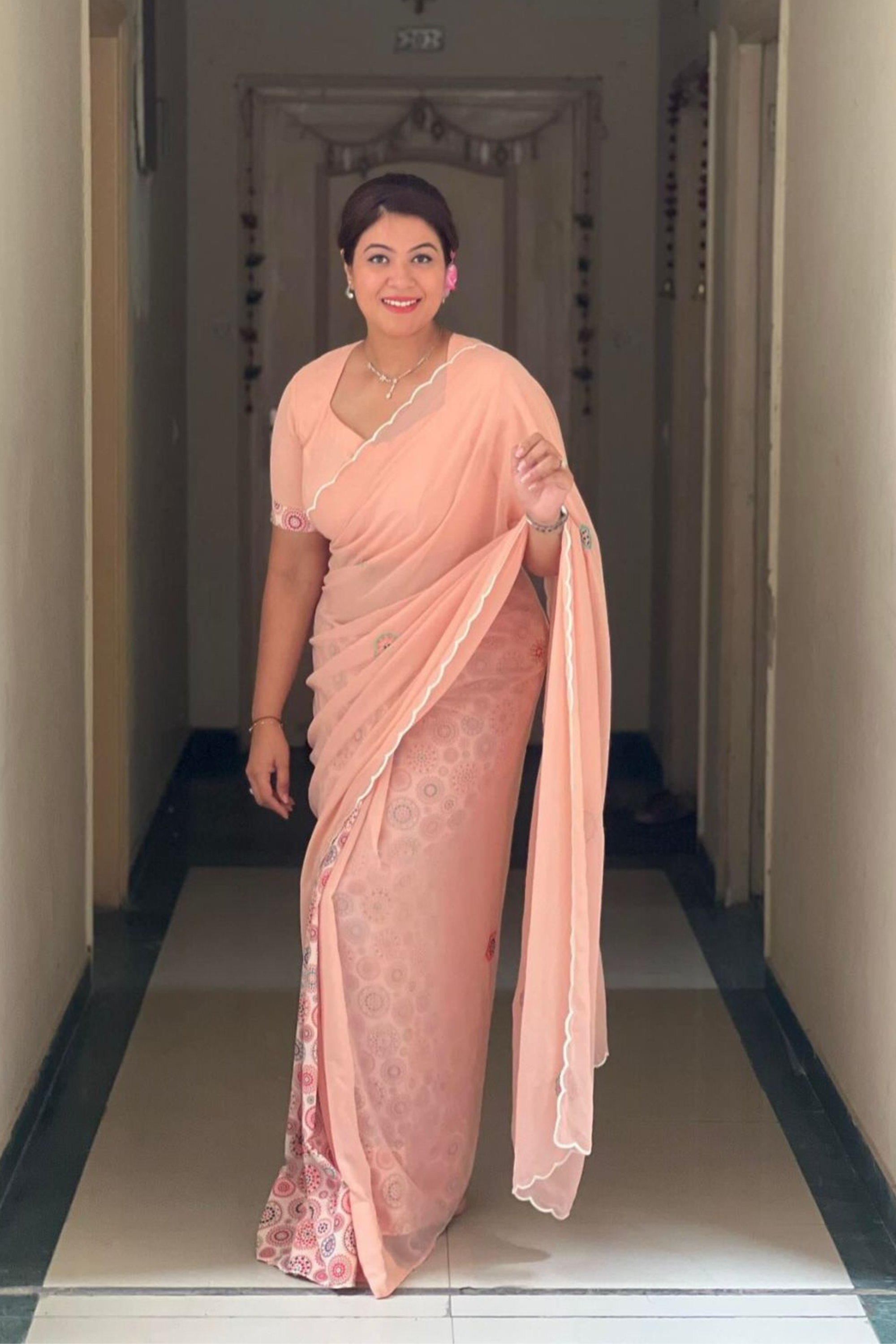 Baby Pink Georgette Embroidered Saree - Rain Drops (Mapping Stars)