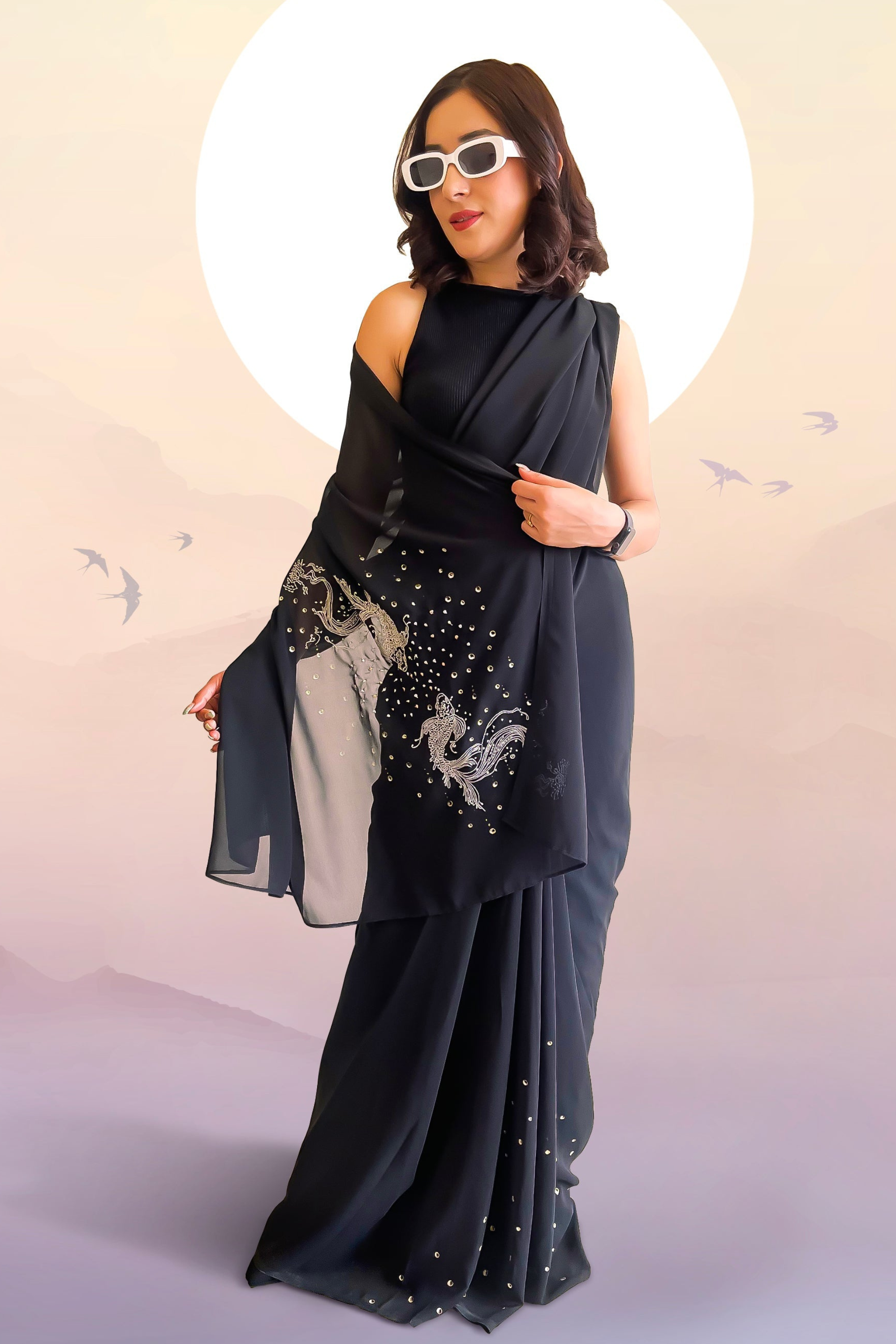 Black Georgette Hand-Painted & Embroidered Saree - Bubble & Dreams (October Summers)