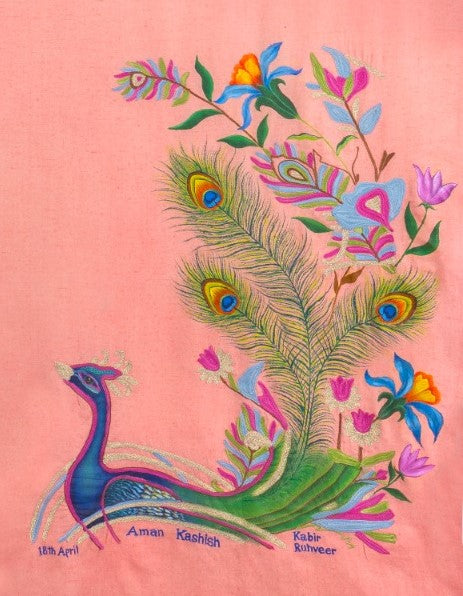 Pink Pure Pashmina Embroidered Scarf - Dancing Peacock (Love Jammu & Kashmir)