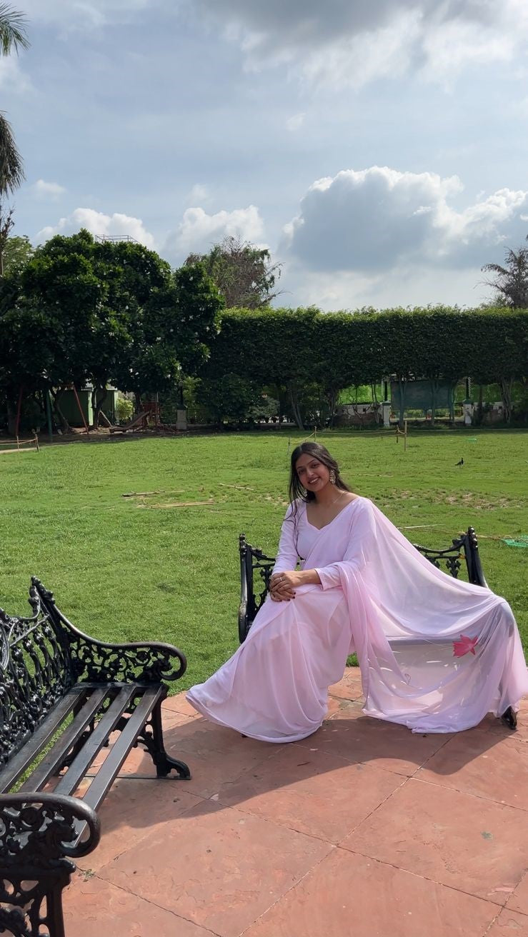 Pink Georgette Hand-Painted Saree - Vintage Floral Garden (Mapping Stars)