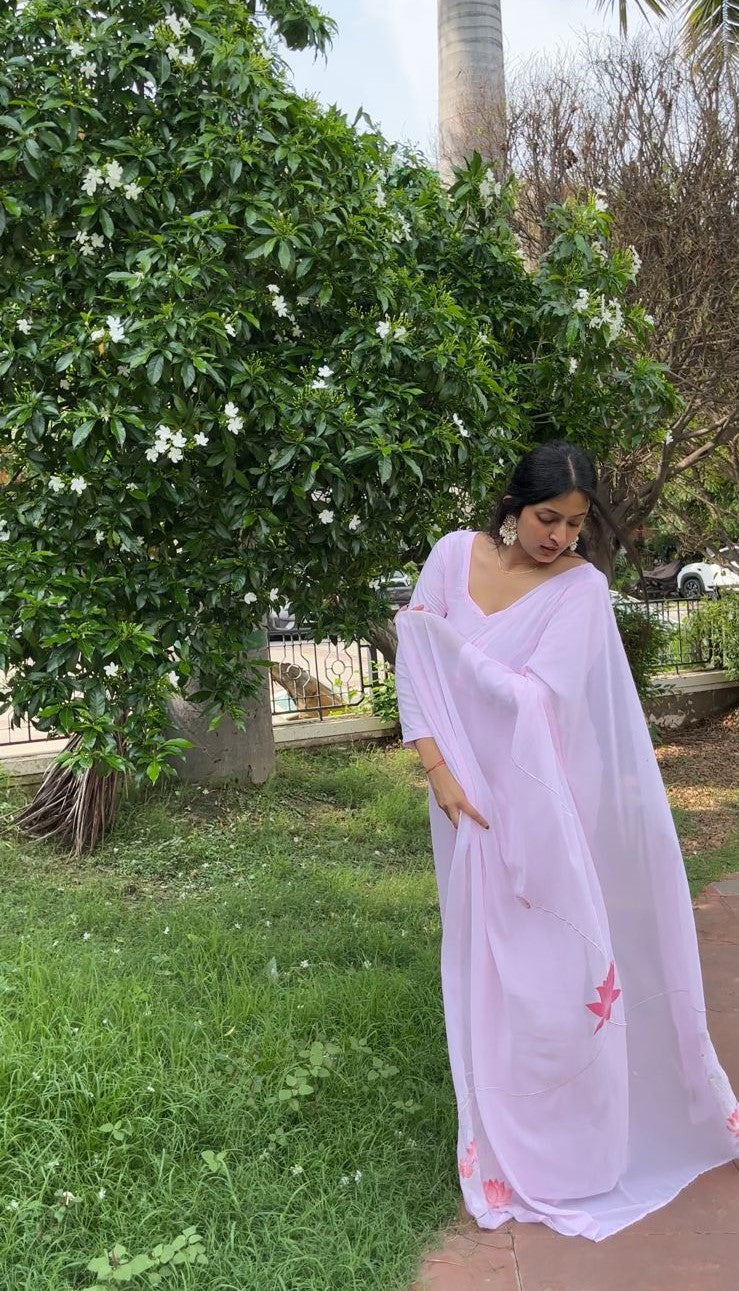 Pink Georgette Hand-Painted Saree - Vintage Floral Garden (Mapping Stars)