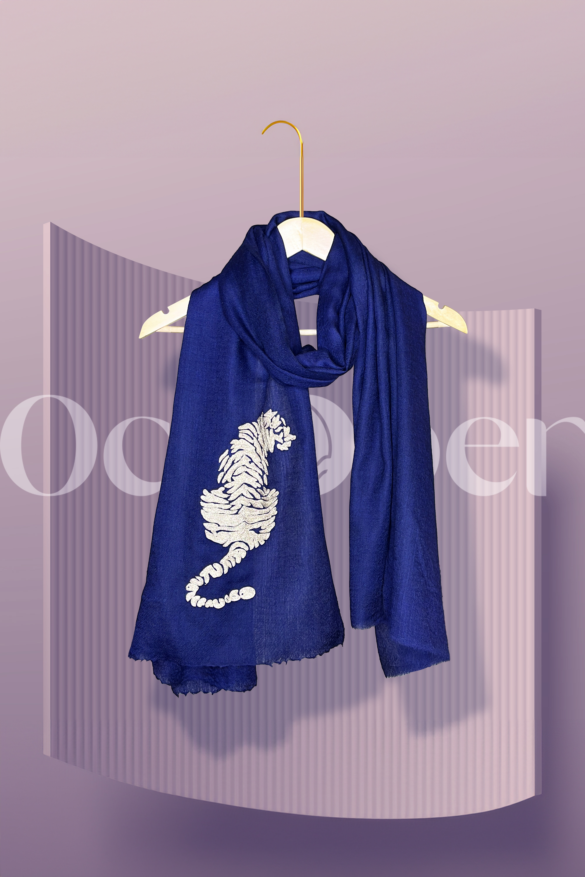 Blue Fine Wool Embroidered Scarf - The White Tiger (Into Their Den)